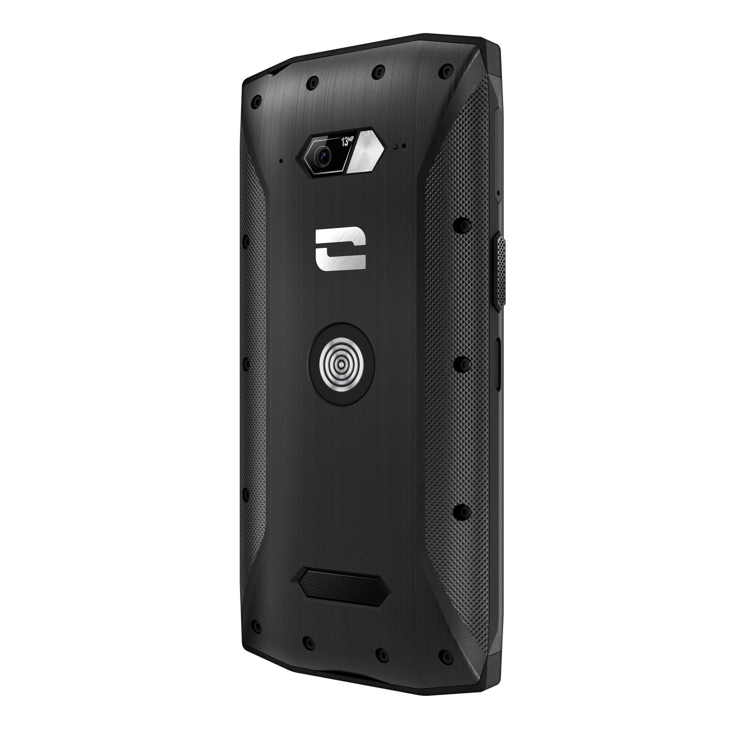Zwarte robuuste telefoon. Achteraanzicht toont camera, flitser, logo en gestructureerd oppervlak. Zwarte achtergrond.