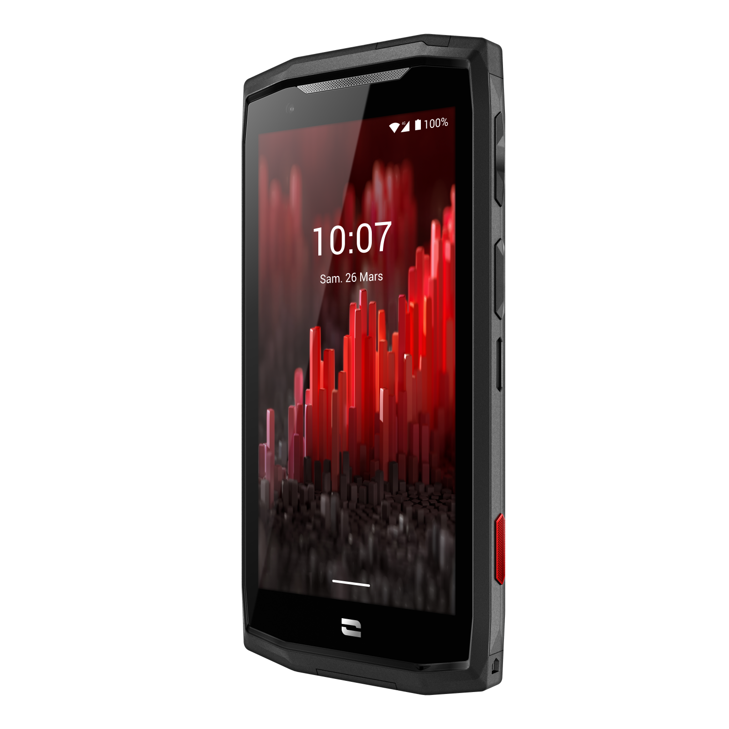 Zwarte smartphone met een rood display met de tijd, op een zwarte achtergrond.