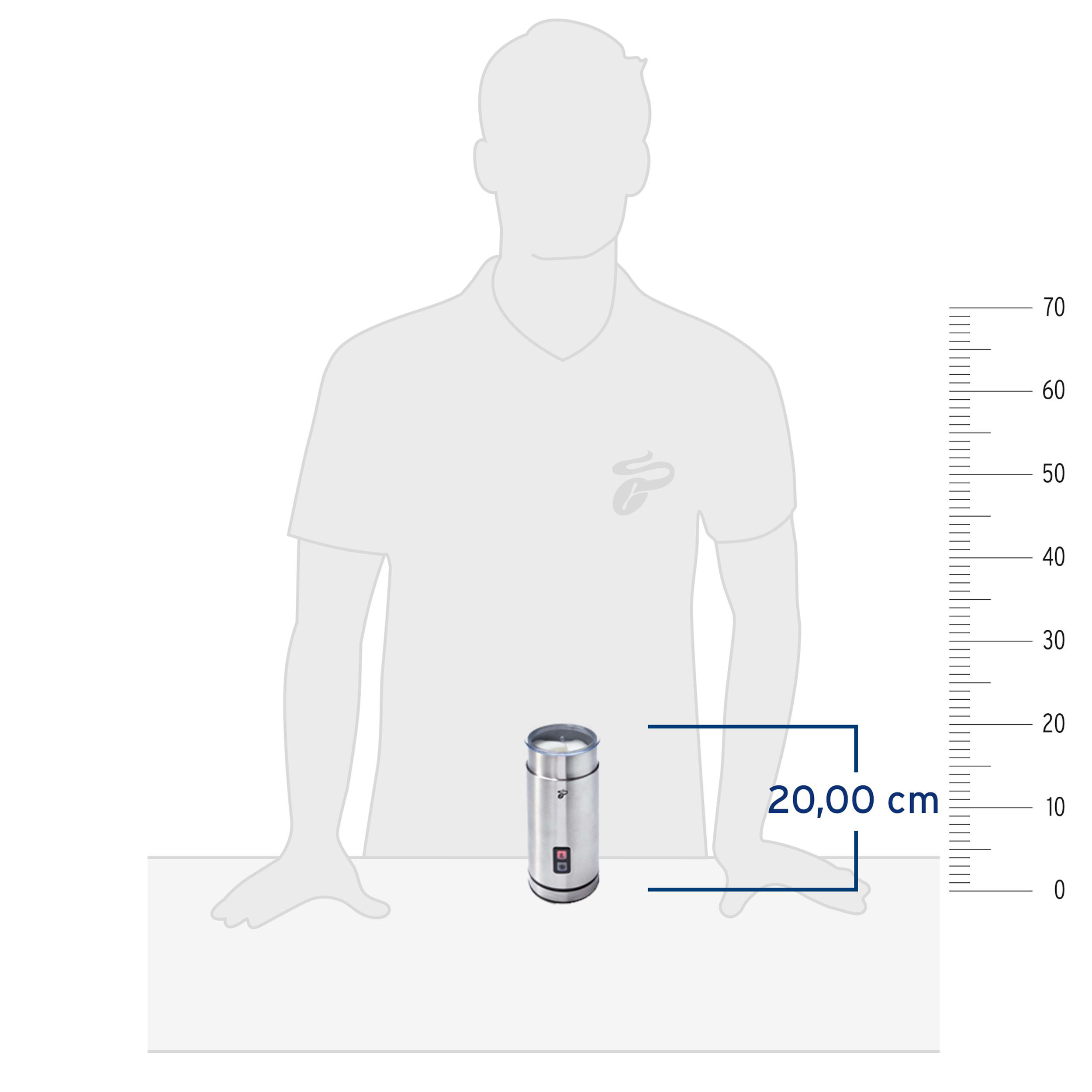 Kaffeemühle, Edelstahl, mit einer Person und einem Lineal, das die Höhe von 20,00 cm zeigt.