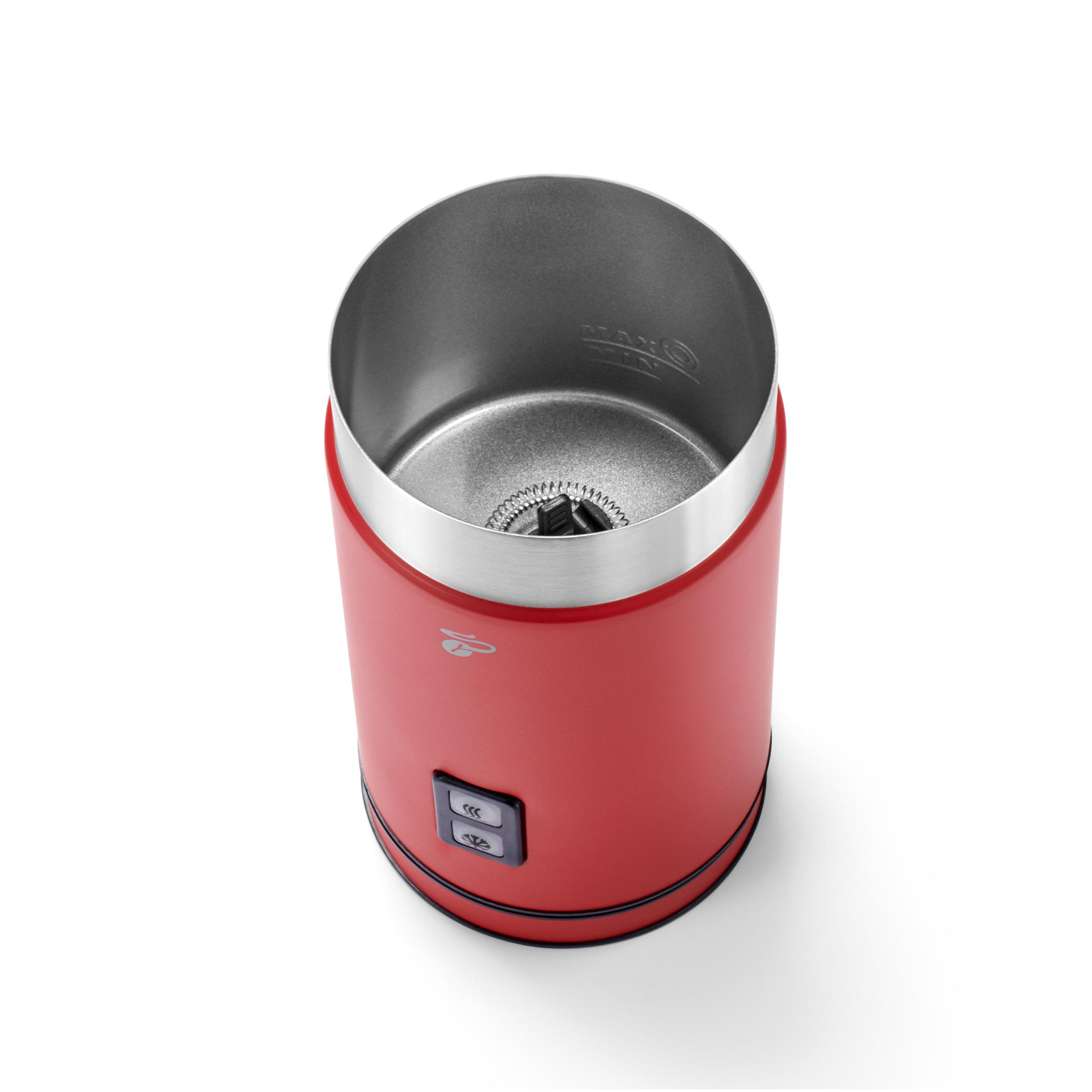 Eine rote Kaffeemühle mit silbernen Akzenten und zwei Knöpfen.