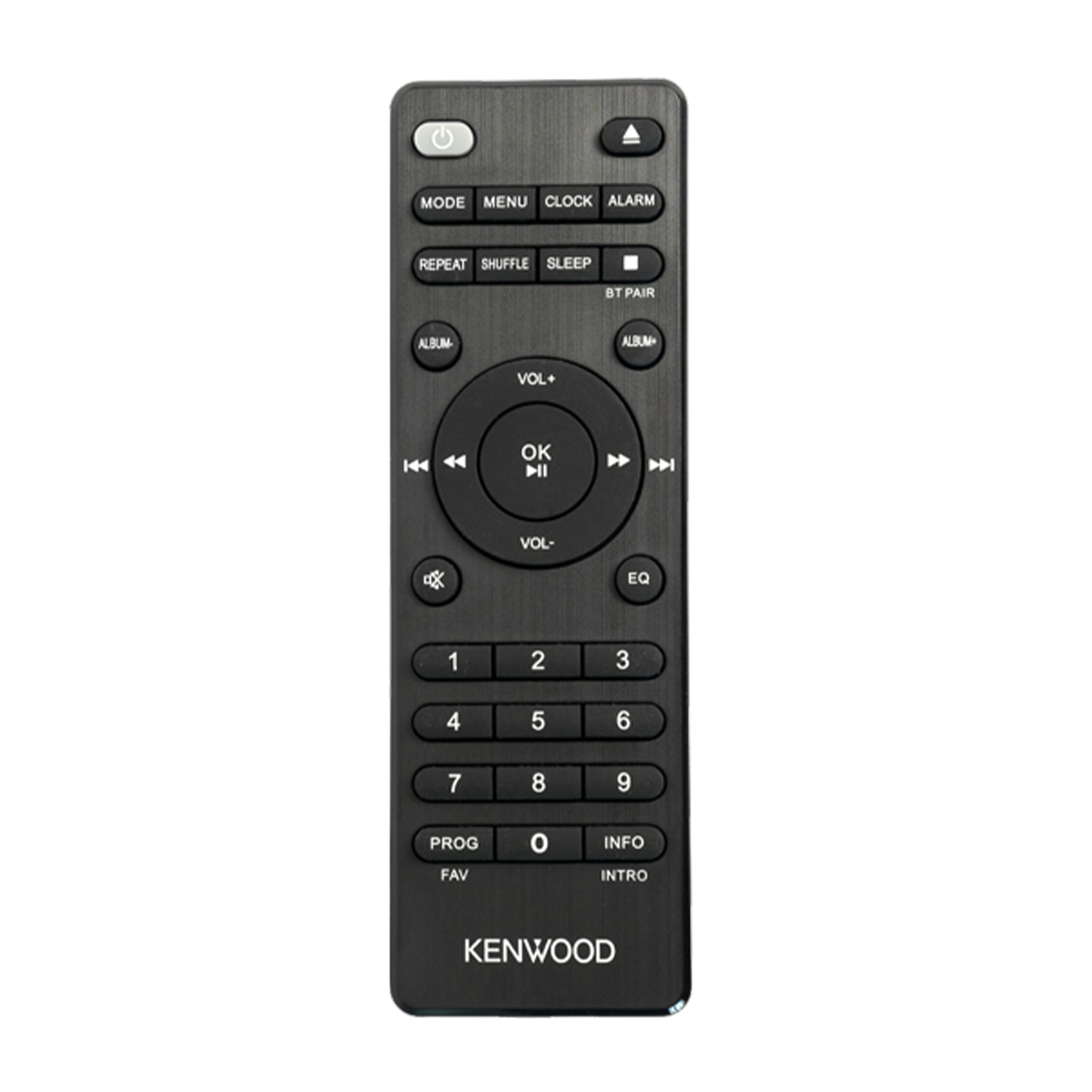 Telecomando Kenwood con molti pulsanti. Colore nero. Sfondo bianco.