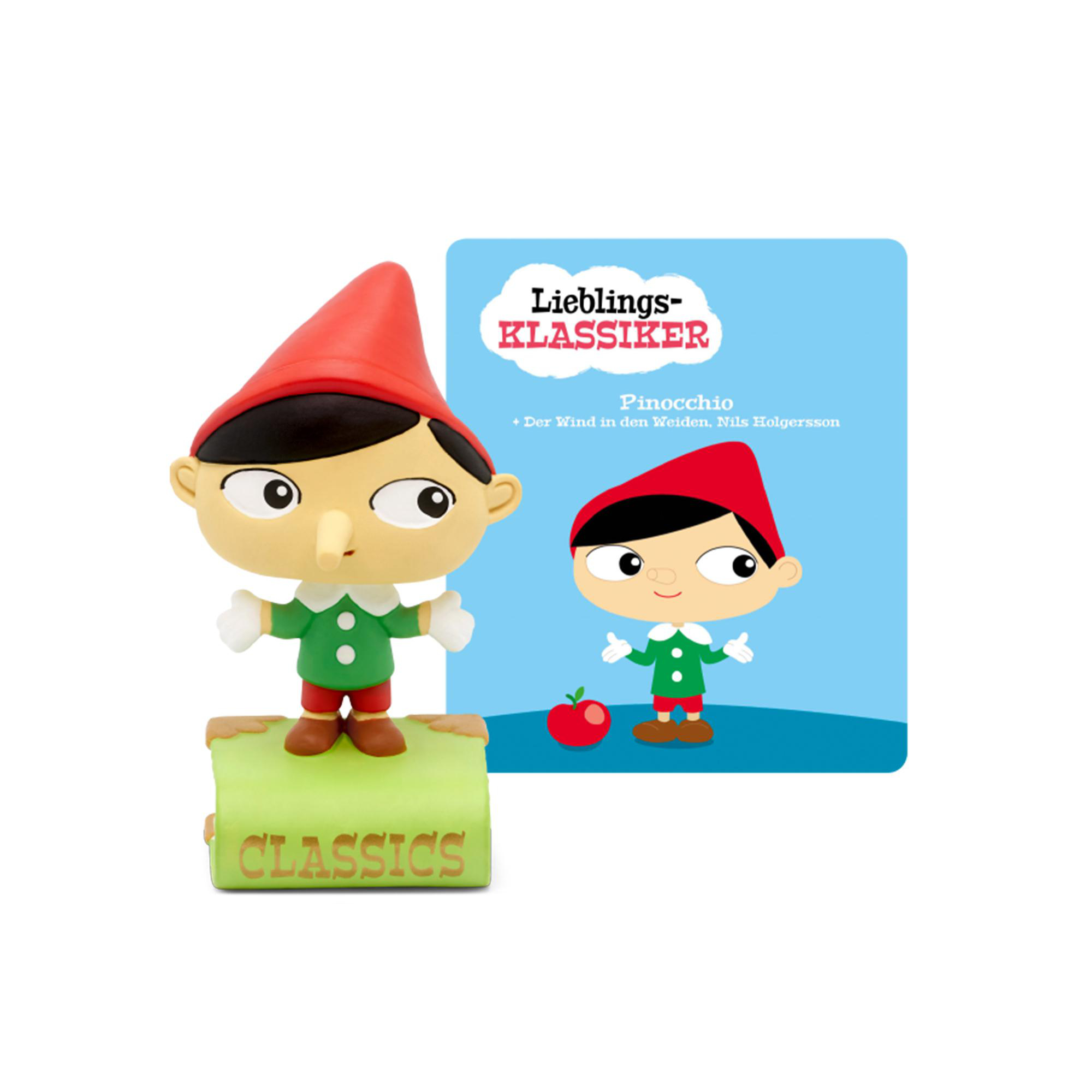 Pinocchio-Figur und eine Karte mit einer Abbildung von Pinocchio und Text. Die Figur steht auf einem grünen Sockel.