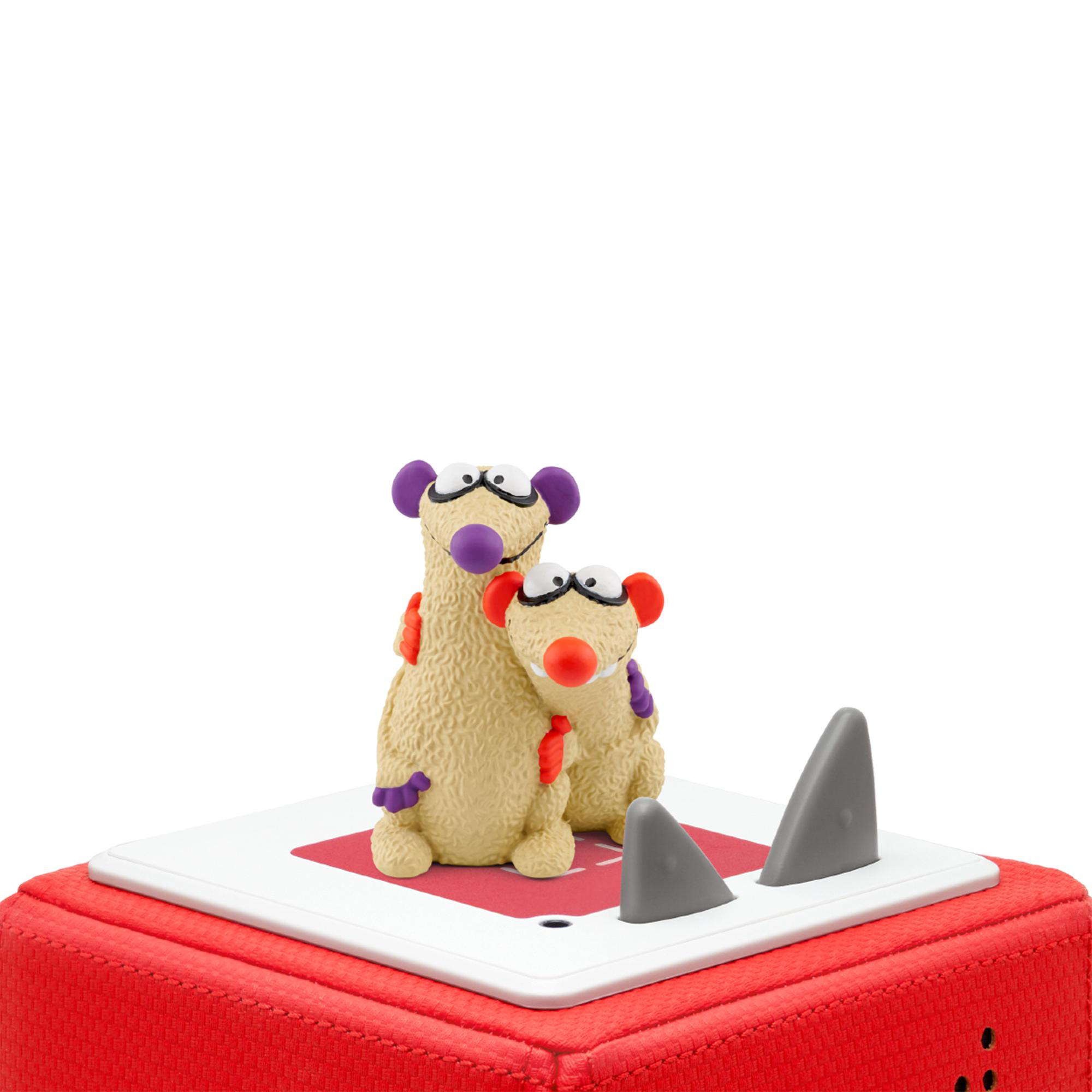 Zwei Cartoonfiguren auf roter Plattform mit grauen Haifischflossen. Weißer Hintergrund.