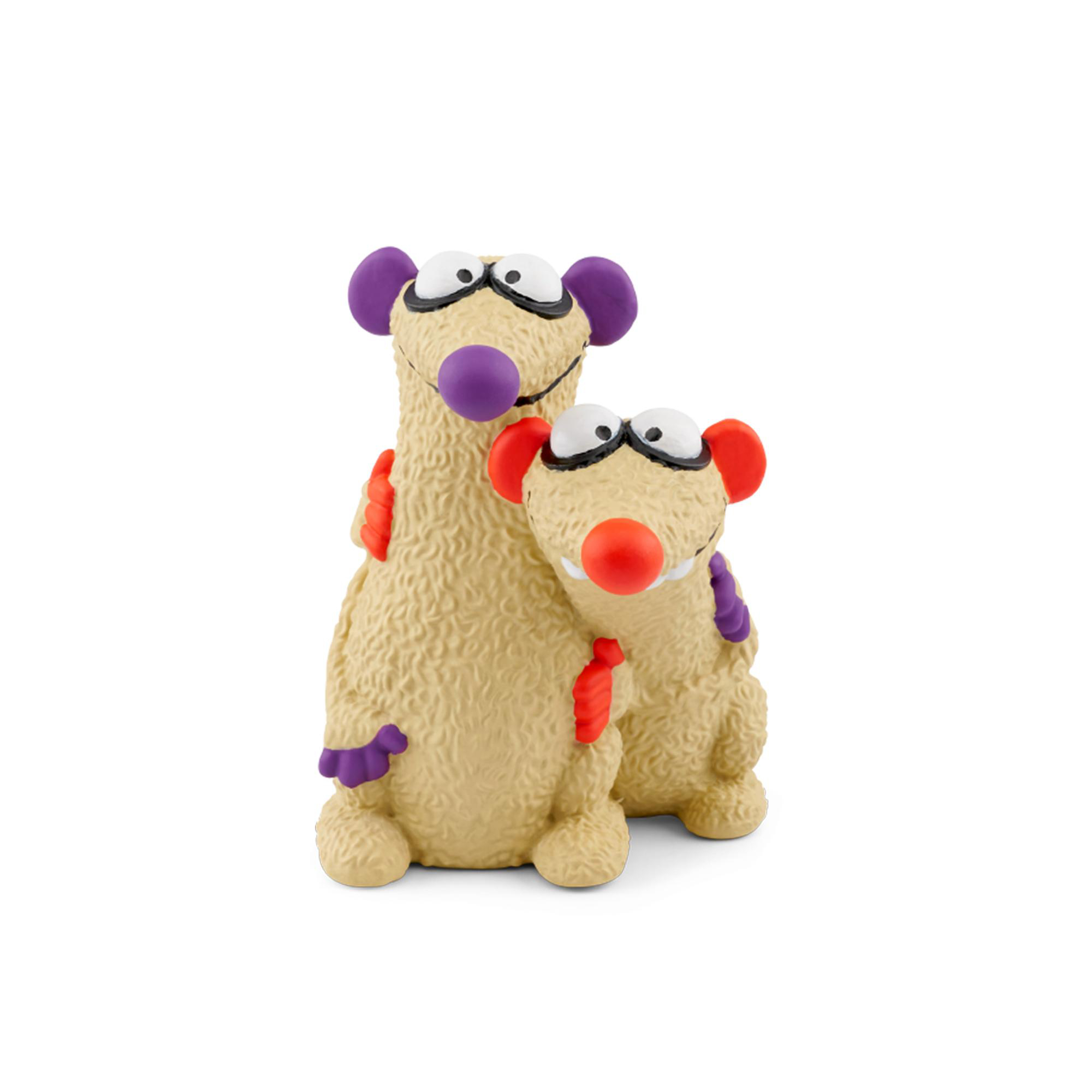 Zwei beigefarbene Hundespielzeuge mit lila und roten Akzenten. Sie lächeln.