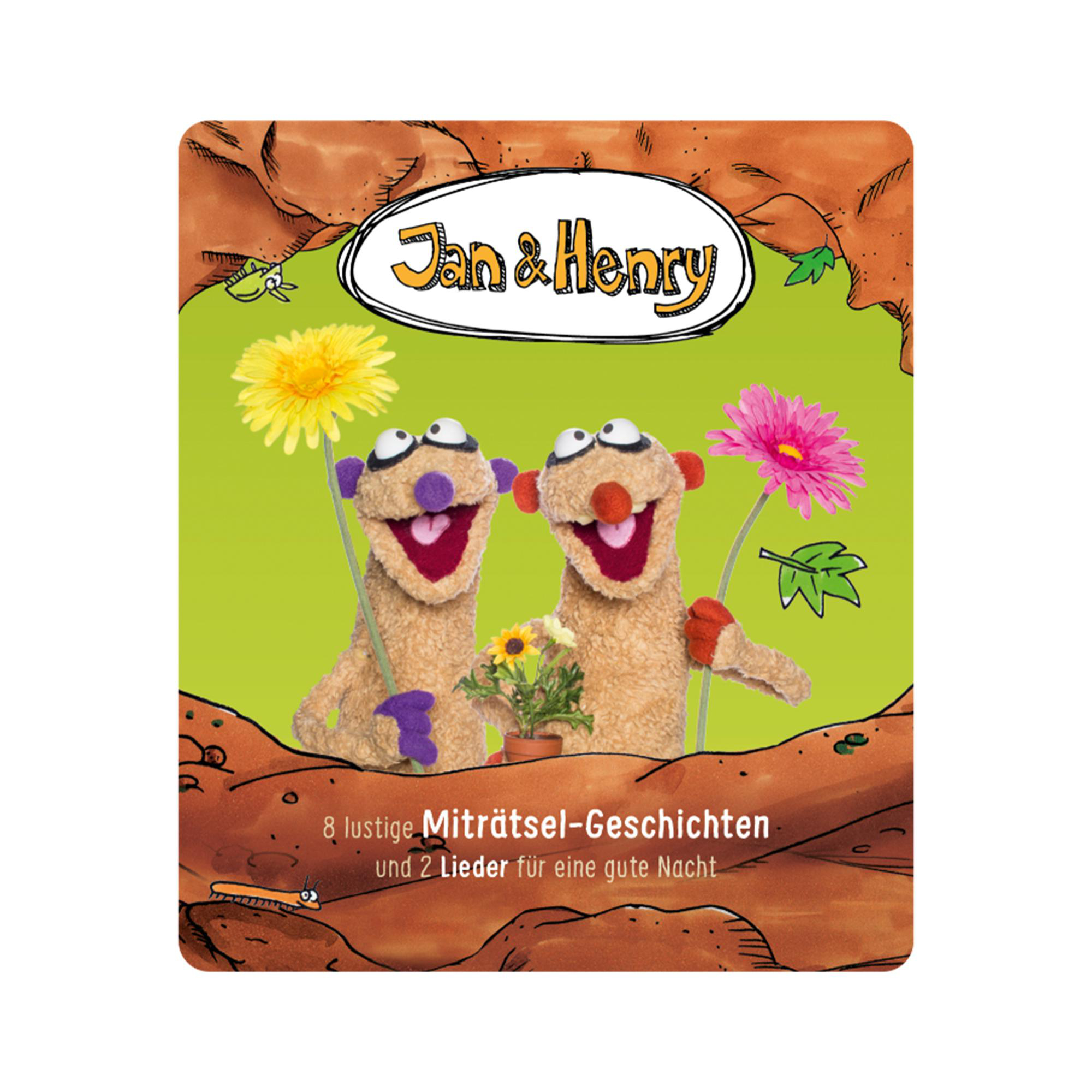 Kinderbuchcover mit zwei Puppen, die Blumen halten, grüner Hintergrund, brauner Rand.