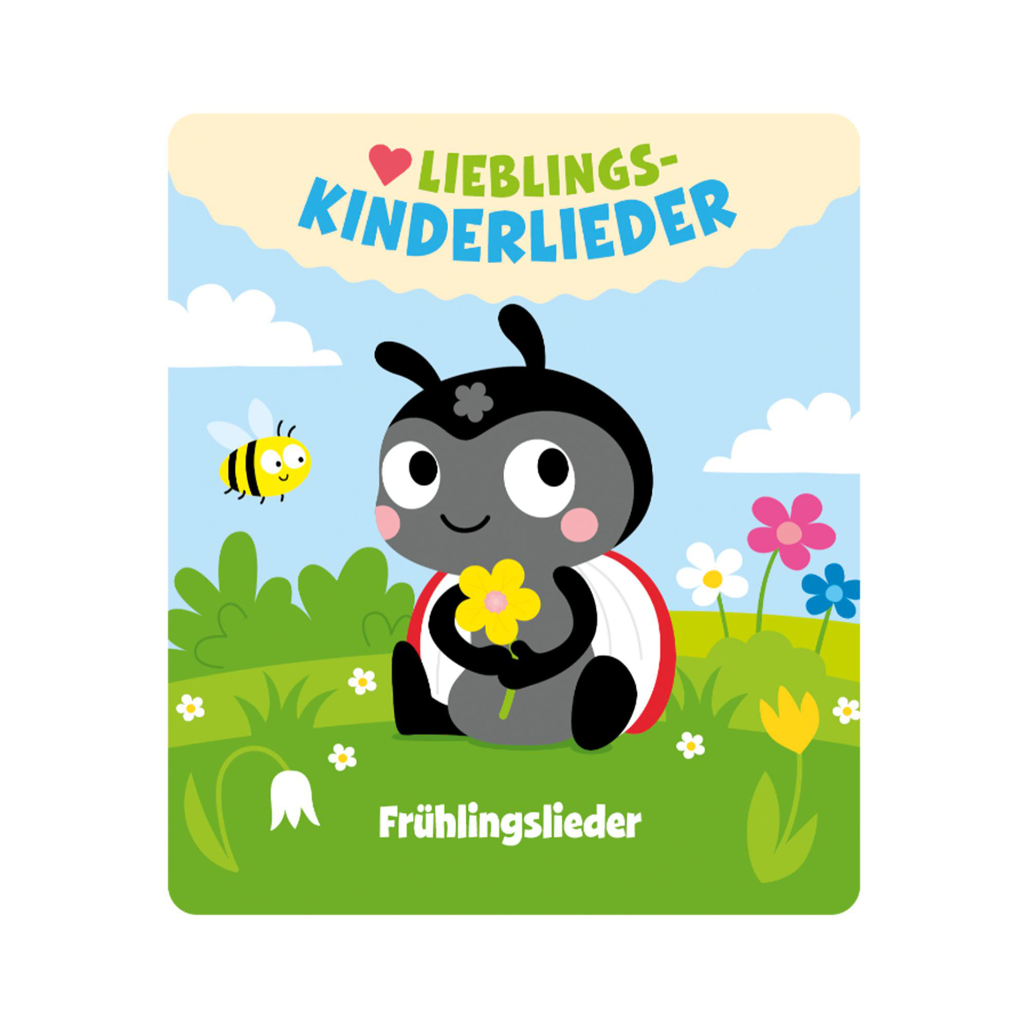 Ein Kinderbuchcover mit einem Marienkäfer, der eine Blume hält.