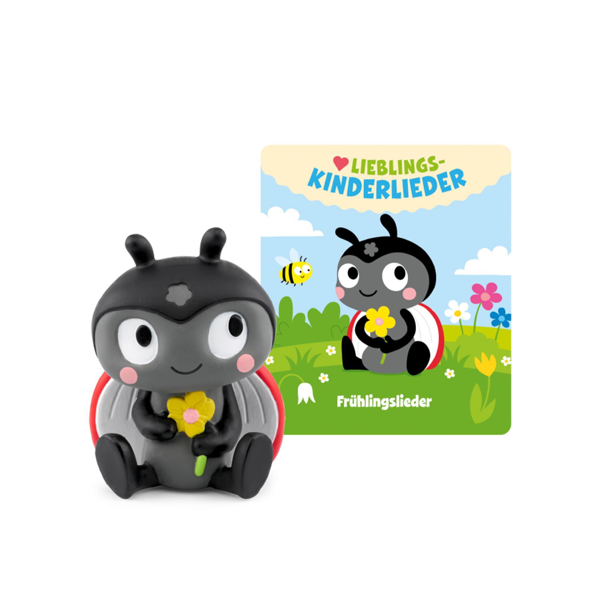 Ein Cartoon-Marienkäfer mit einer Blume und einem Buch, mit einer gelben Biene.