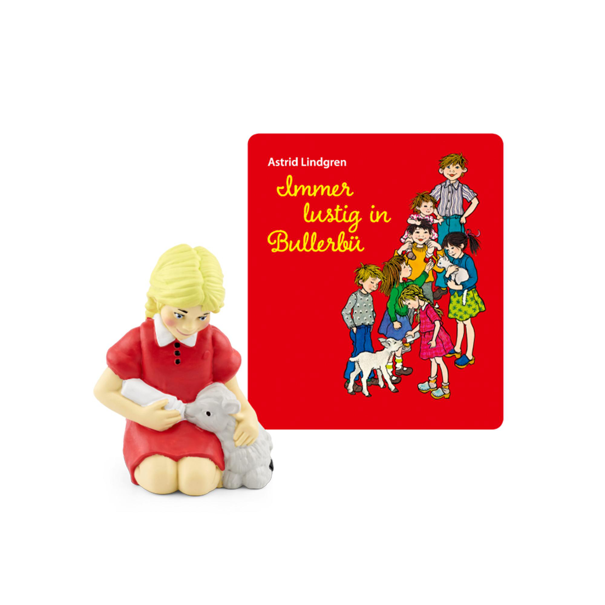 Illustration eines Mädchens mit einem Lamm und einem Buch mit dem Titel "Immer lustig in Bullerbü".