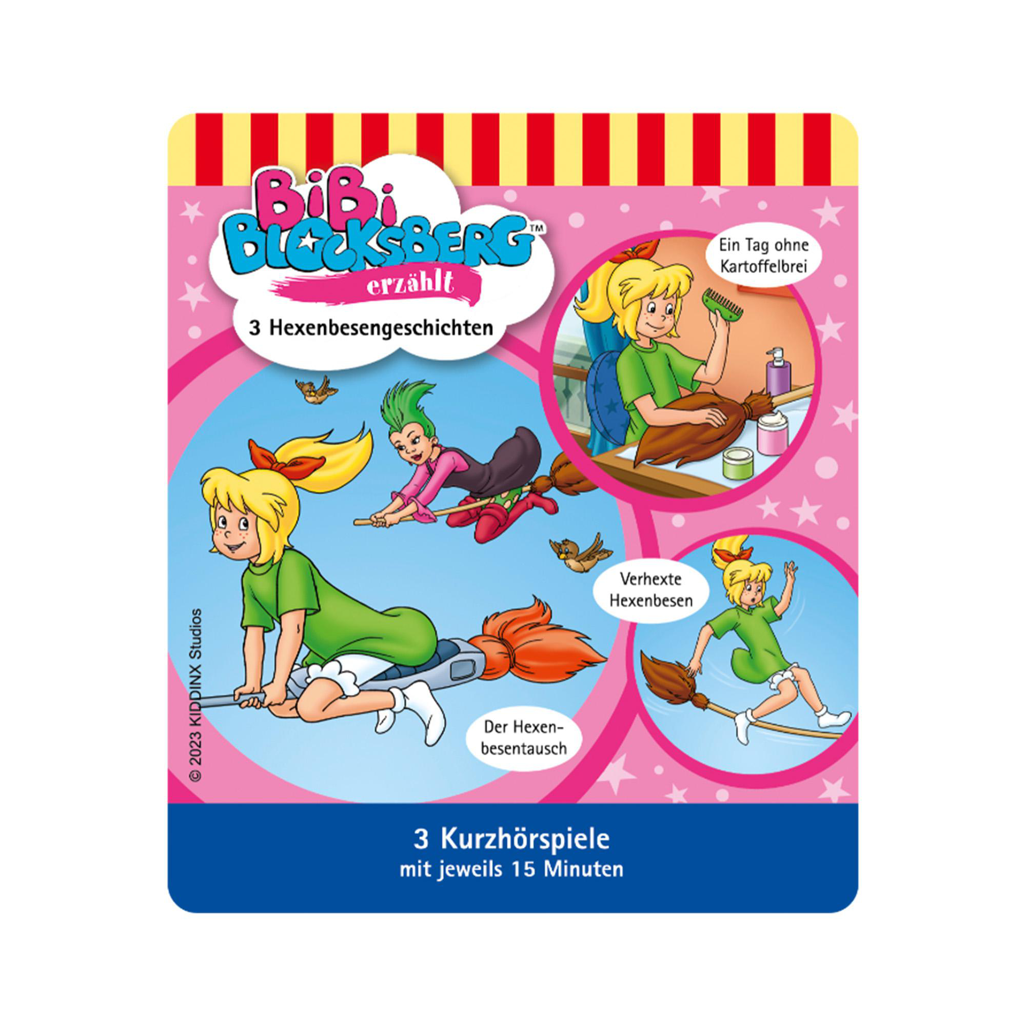 Buchcover mit Hexenillustrationen. Titel: Bibi Blocksberg. Hexe reitet Besen. Cartoon-Stil.