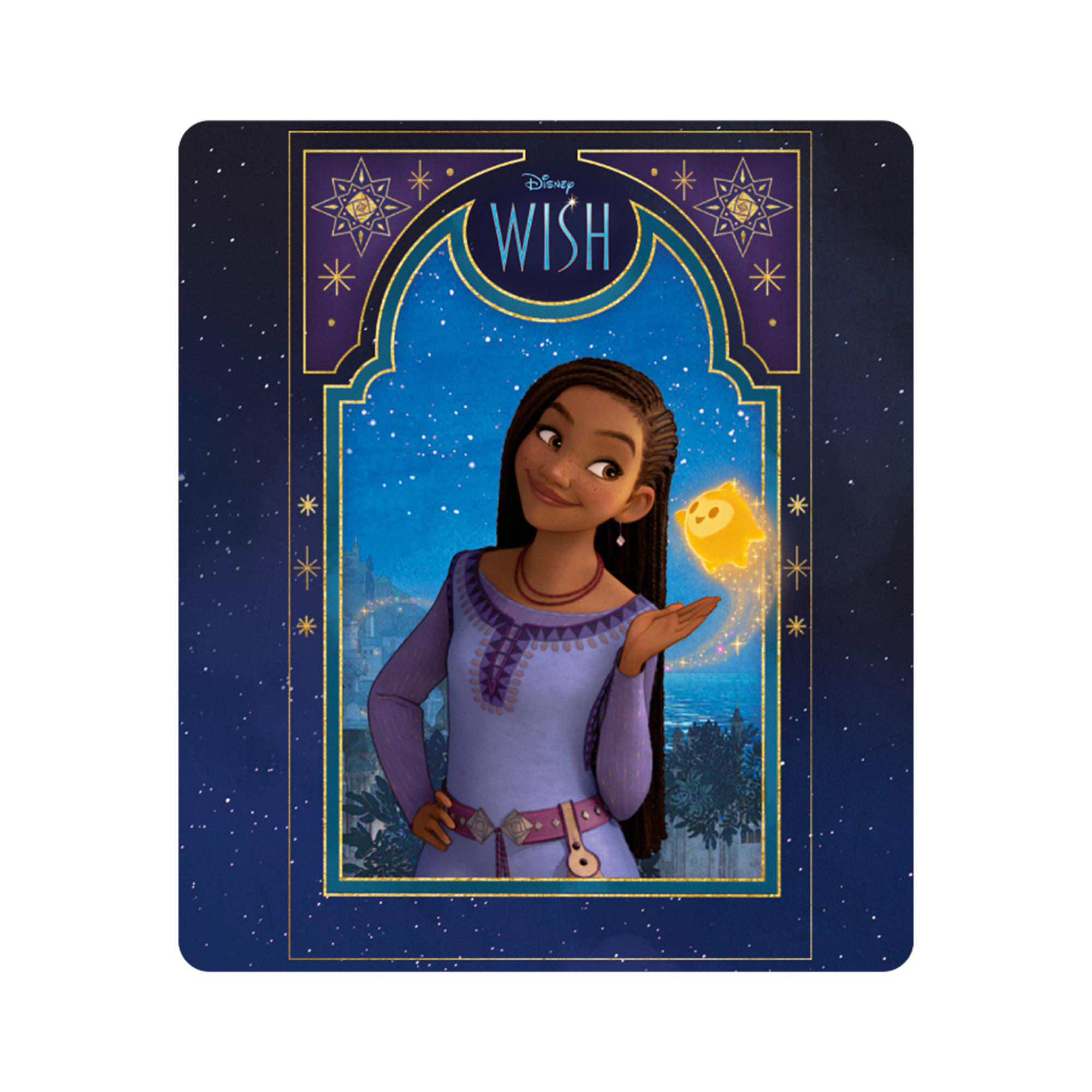 Disney-Filmplakat. Frau in lila Kleid, hält einen leuchtenden gelben Stern. Dunkelblauer Hintergrund.