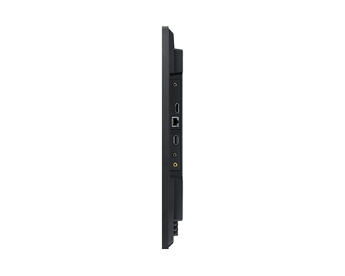 Seitenansicht eines schwarzen Monitors mit Anschlüssen. Anschlüsse umfassen USB, HDMI und Audio.