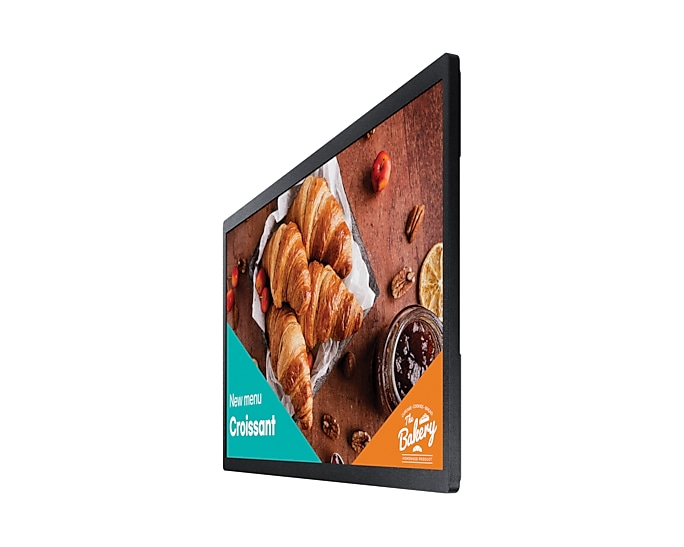 Ein schwarzer Bildschirm zeigt ein Menü mit Croissants und dem Bäckerei-Logo.