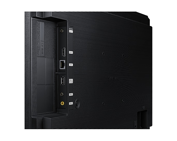 Rückseite eines schwarzen Displays mit Anschlüssen, einschließlich HDMI und USB.
