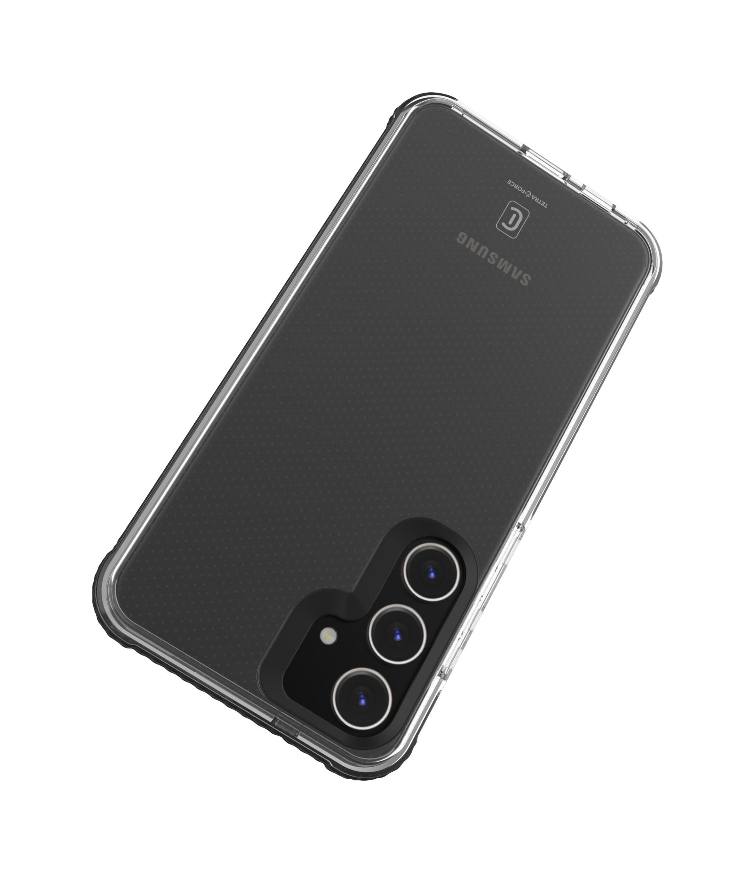 Funda transparente para teléfono sobre un teléfono negro. La funda tiene un recorte para la cámara y el logotipo de la marca.