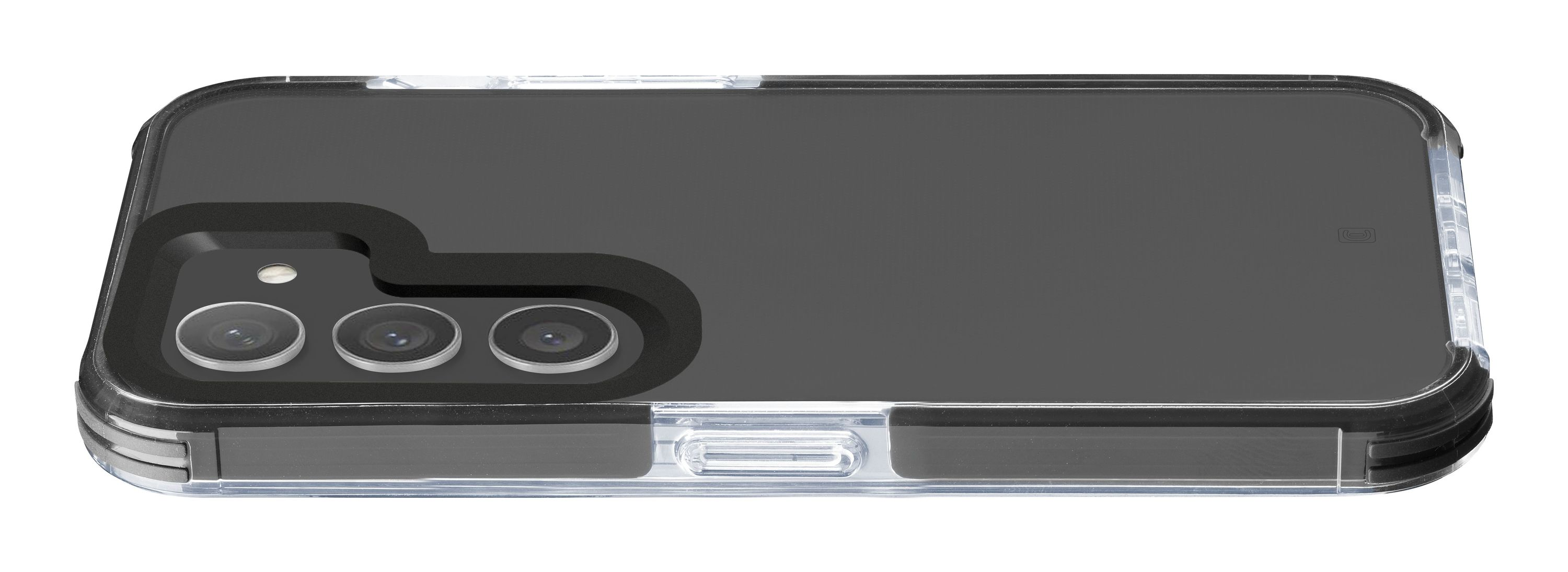 Una funda negra para teléfono. La funda tiene un recorte para la cámara y una parte trasera transparente.