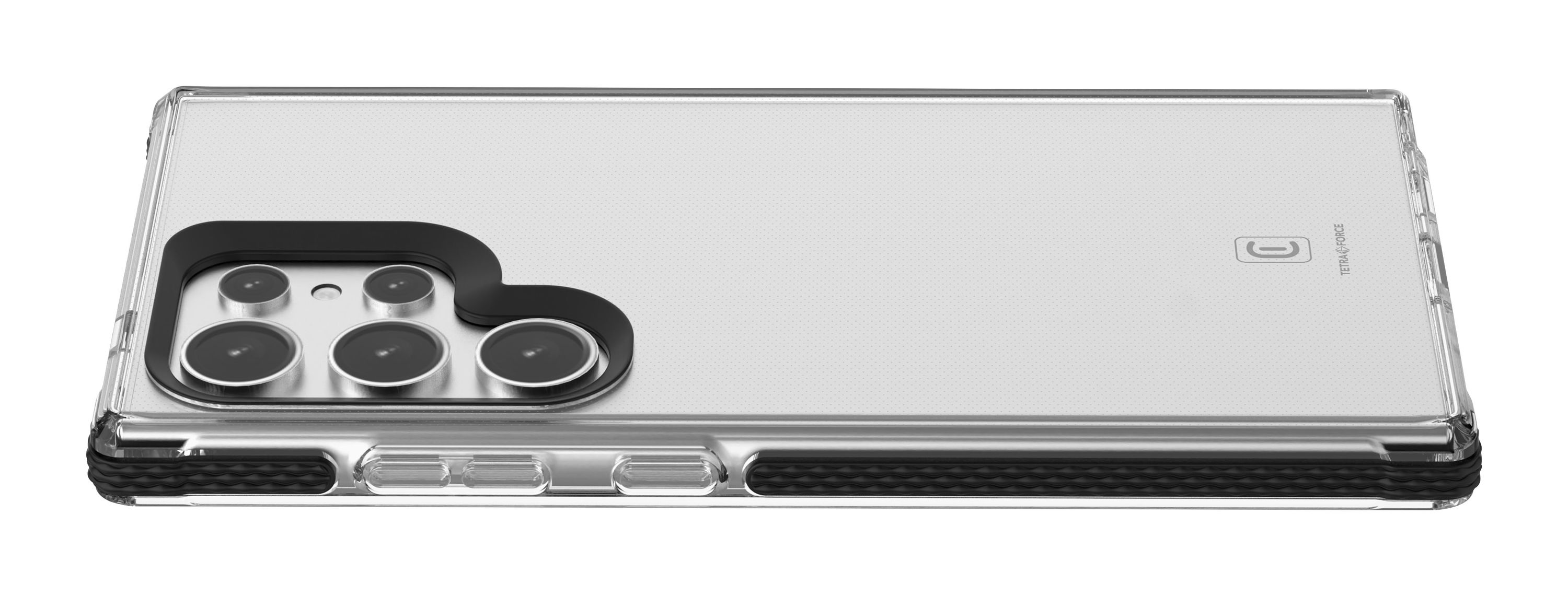 Una funda transparente para teléfono con protector de protuberancia de cámara, sobre una superficie blanca.
