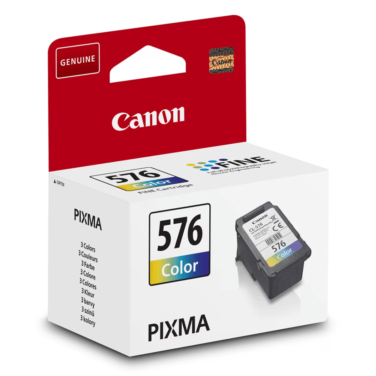 Caja de cartuchos de tinta color Canon 576. Colores blanco, rojo y amarillo.