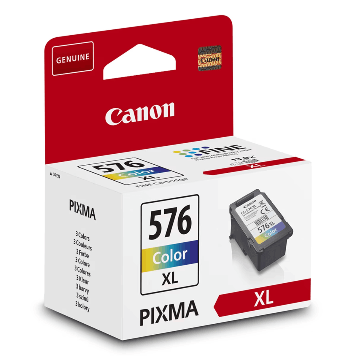 Caja de cartucho de tinta Canon, roja y blanca, con un cartucho. La caja dice '576 Color XL'.