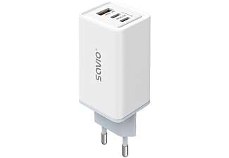 SAVIO Hálózati adapter, PD3.0, QC3.0, GaN, 2x USB-C, 1x USB-A, max. 65W, fehér (LA-07)
