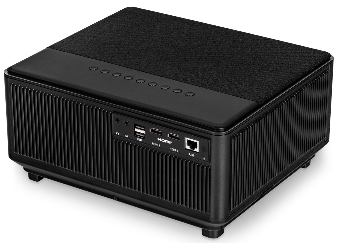 Czarny projektor z portami. Białe tło.