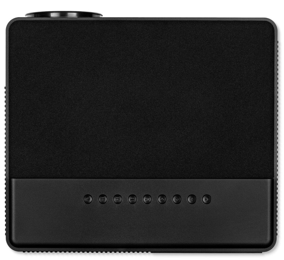 Czarny projektor z matowym czarnym wykończeniem. Posiada przyciski w dolnej części i obiektyw.