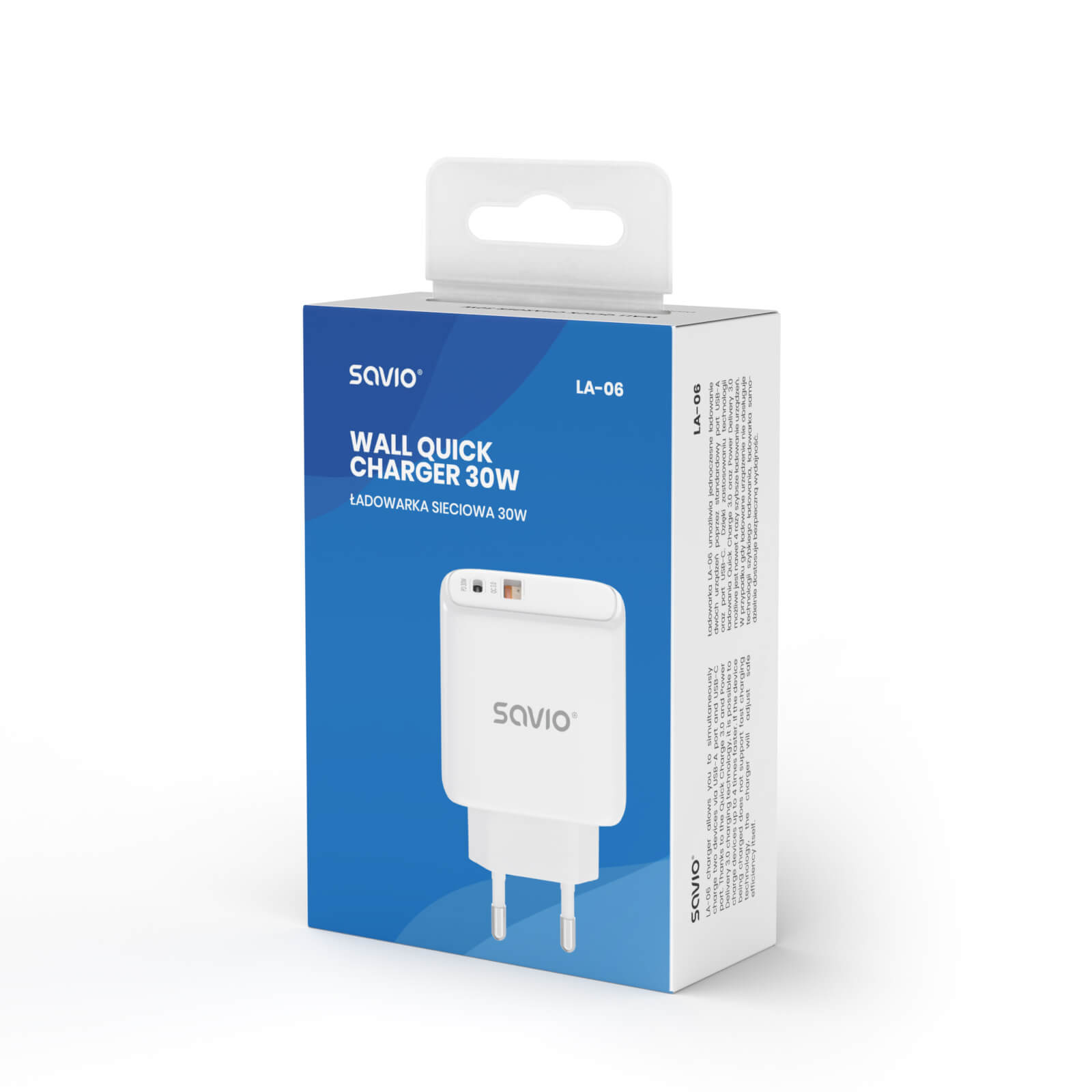 Fehér és kék töltődoboz SAVIO WALL QUICK CHARGER 30W felirattal. Dugóval és akasztóval.
