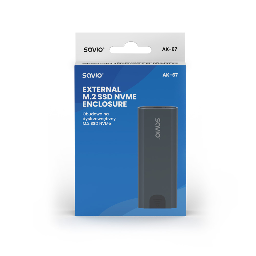 Savio External M.2 SSD NVMe ház kék-fehér dobozban. A ház szürke.