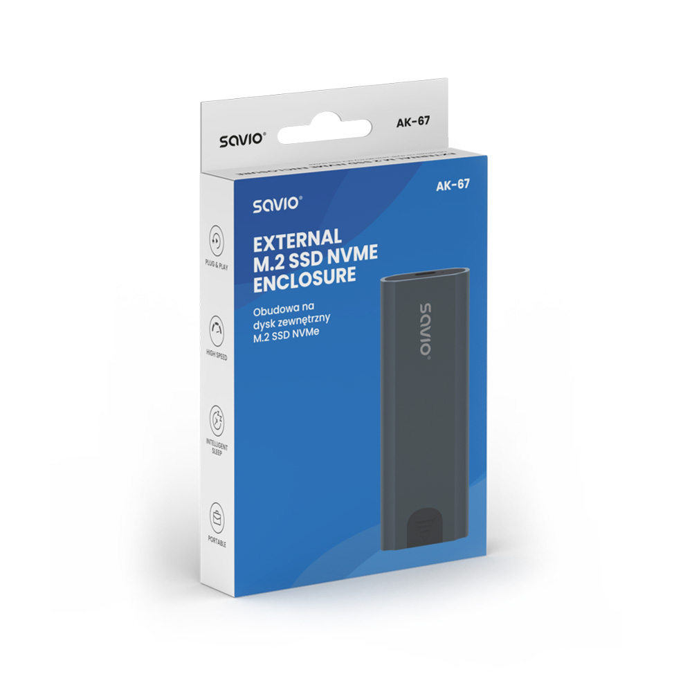Savio AK-67 külső M.2 SSD NVMe ház doboza fehér háttér előtt.
