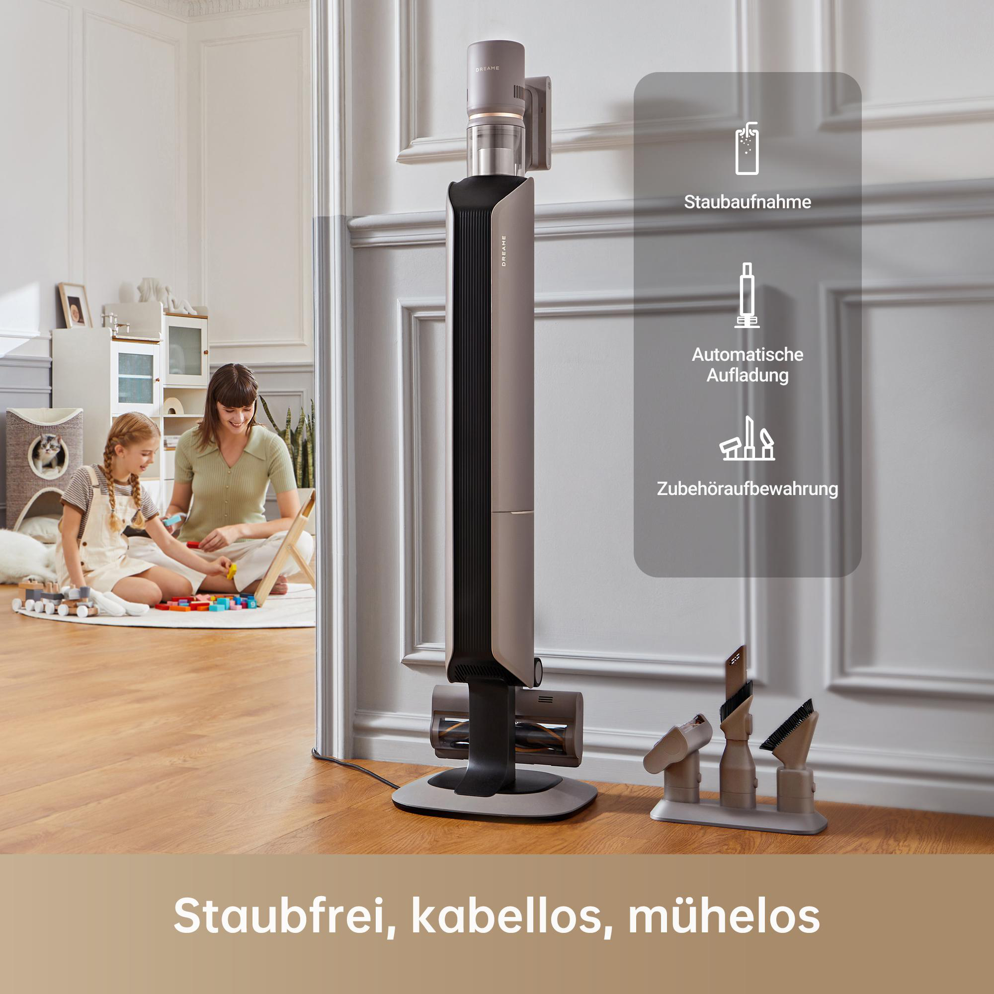 Ein grauer Staubsauger und zwei Kinder spielen auf dem Boden. Text: 'Staubfrei, kabellos, mühelos'.