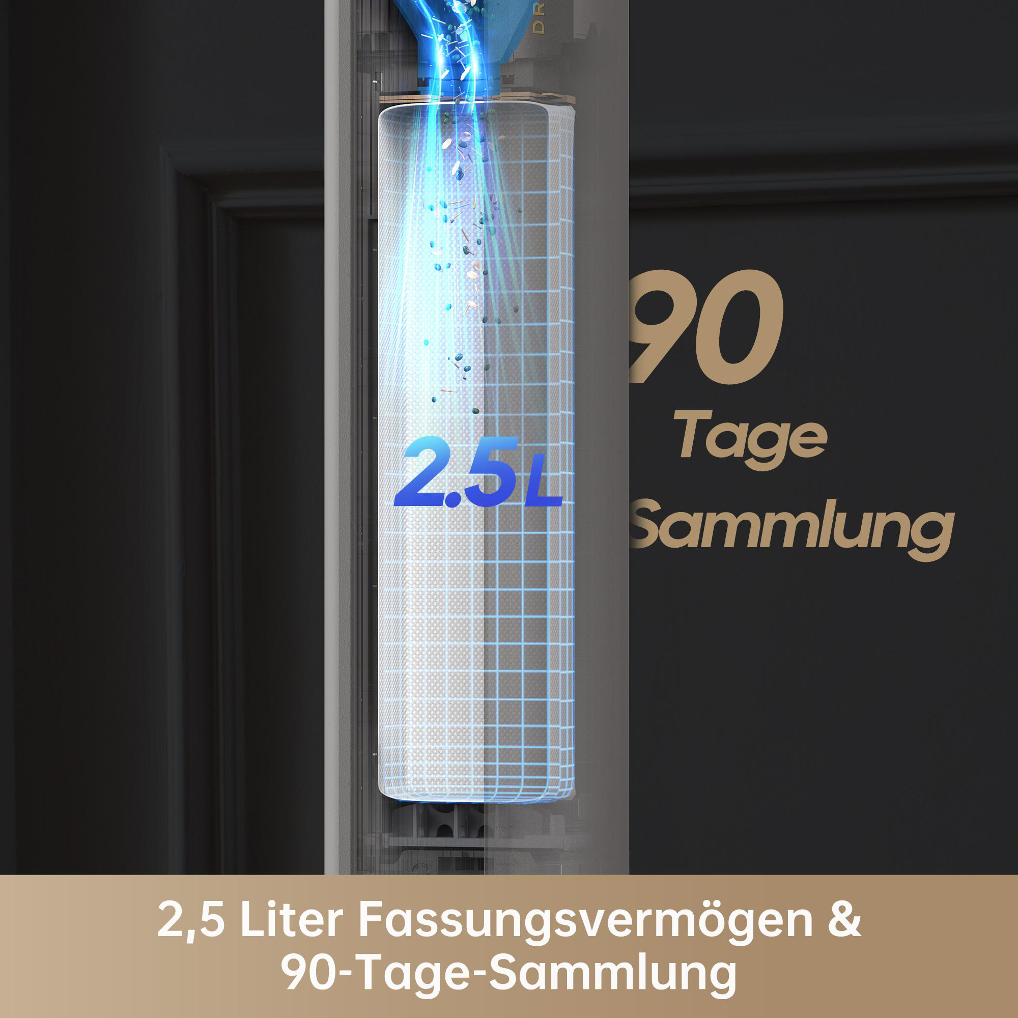 Wasserspender mit 2,5L Fassungsvermögen und 90-Tage-Sammlung. Blauer Wasserfluss.