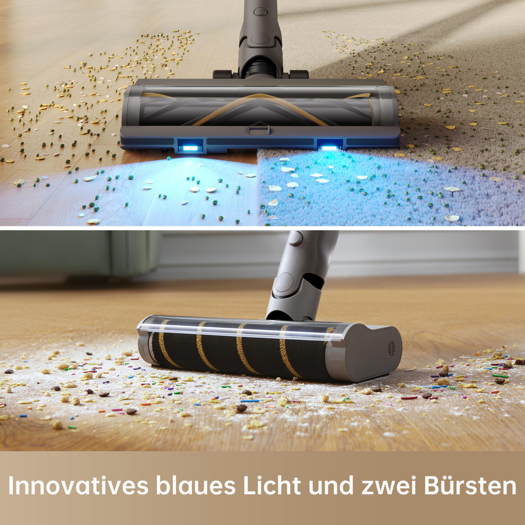 Ein Staubsauger in Aktion auf dem Boden. Verfügt über blaue Lichter und zwei Bürsten zur Reinigung.