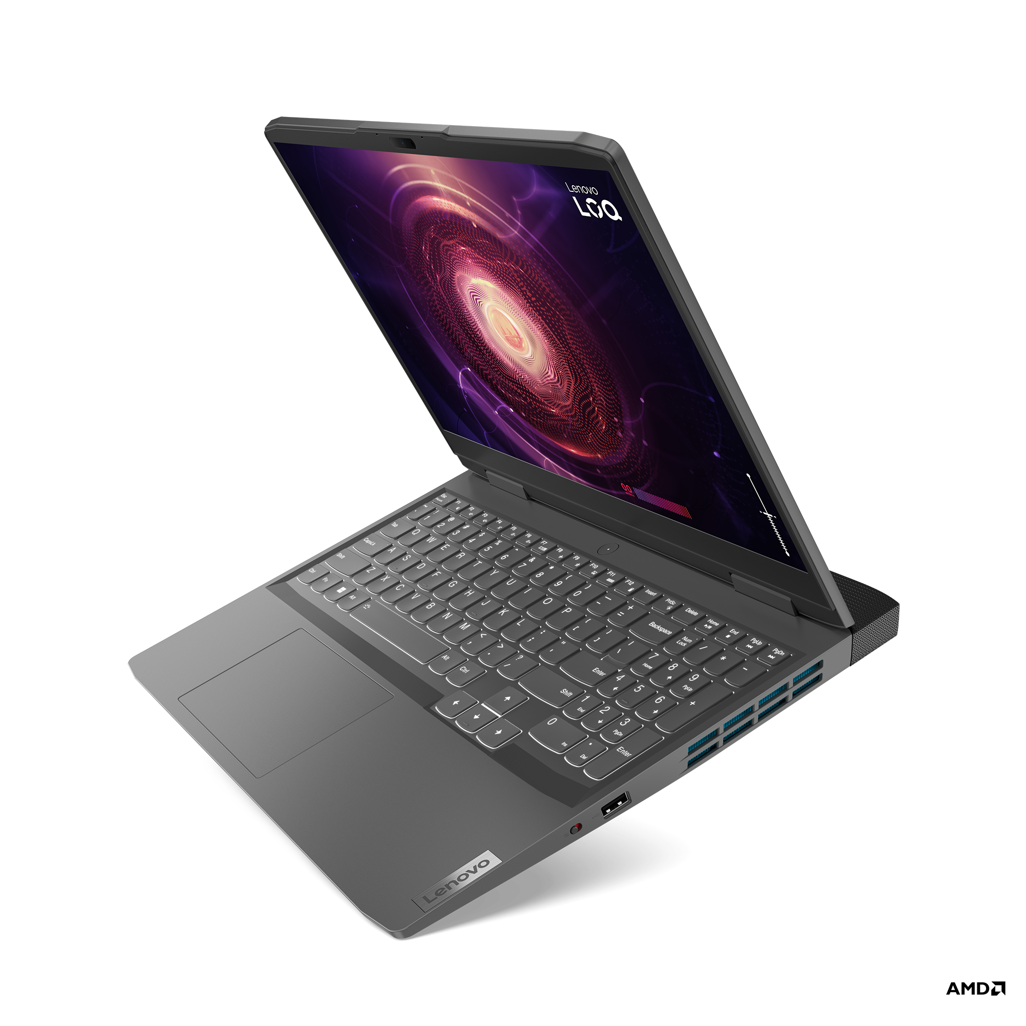 Koyu gri gövdeli bir Lenovo dizüstü bilgisayar, açık, renkli bir ekran gösteriyor.