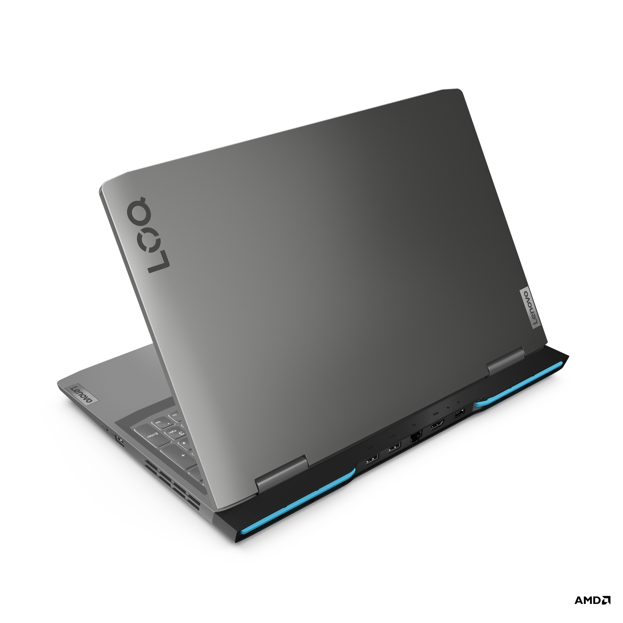 Siyah zemin üzerinde Lenovo logosu olan koyu gri bir dizüstü bilgisayar.