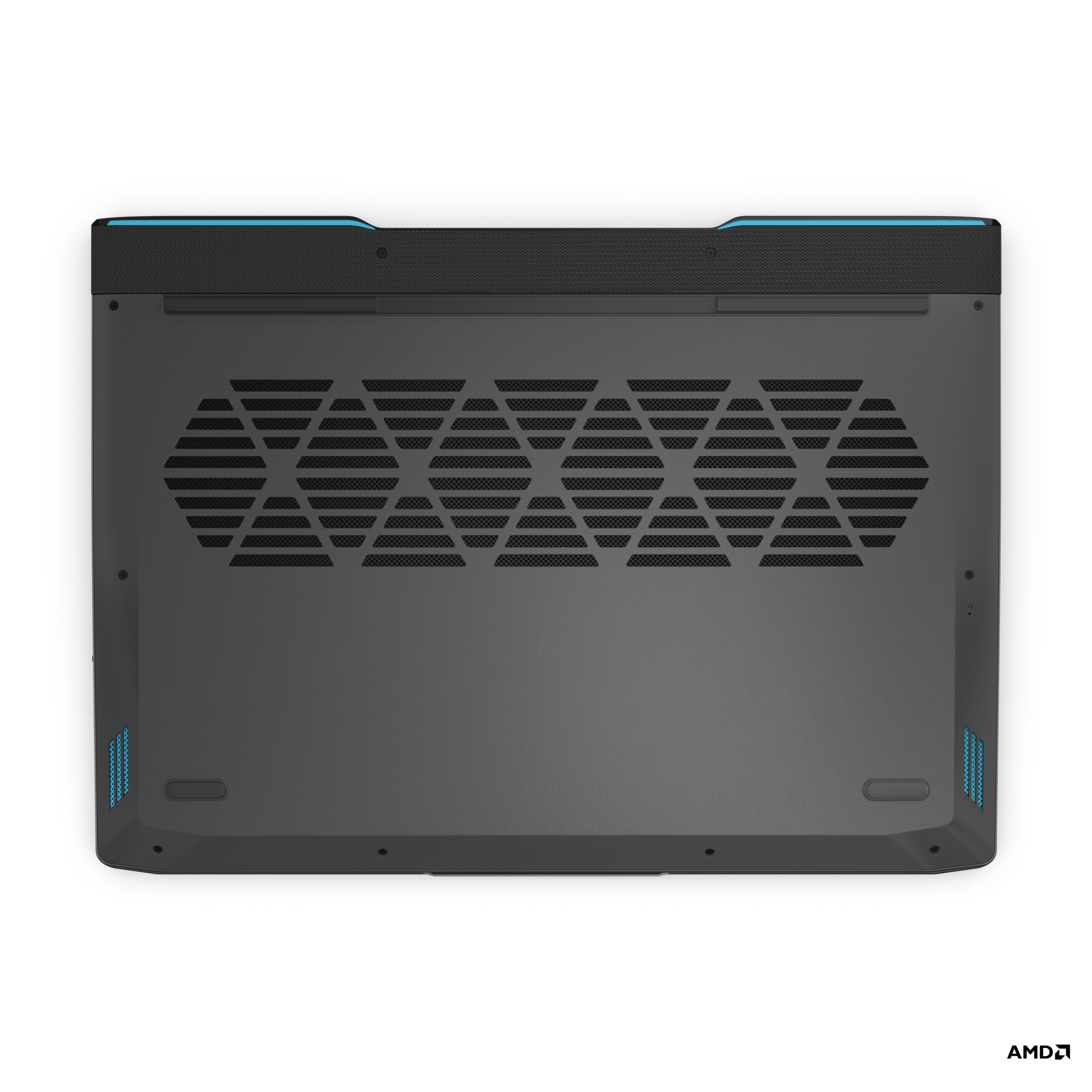 Yanlarda ve arkada havalandırmalar ve mavi vurgular bulunan siyah bir dizüstü bilgisayarın alt kısmı.