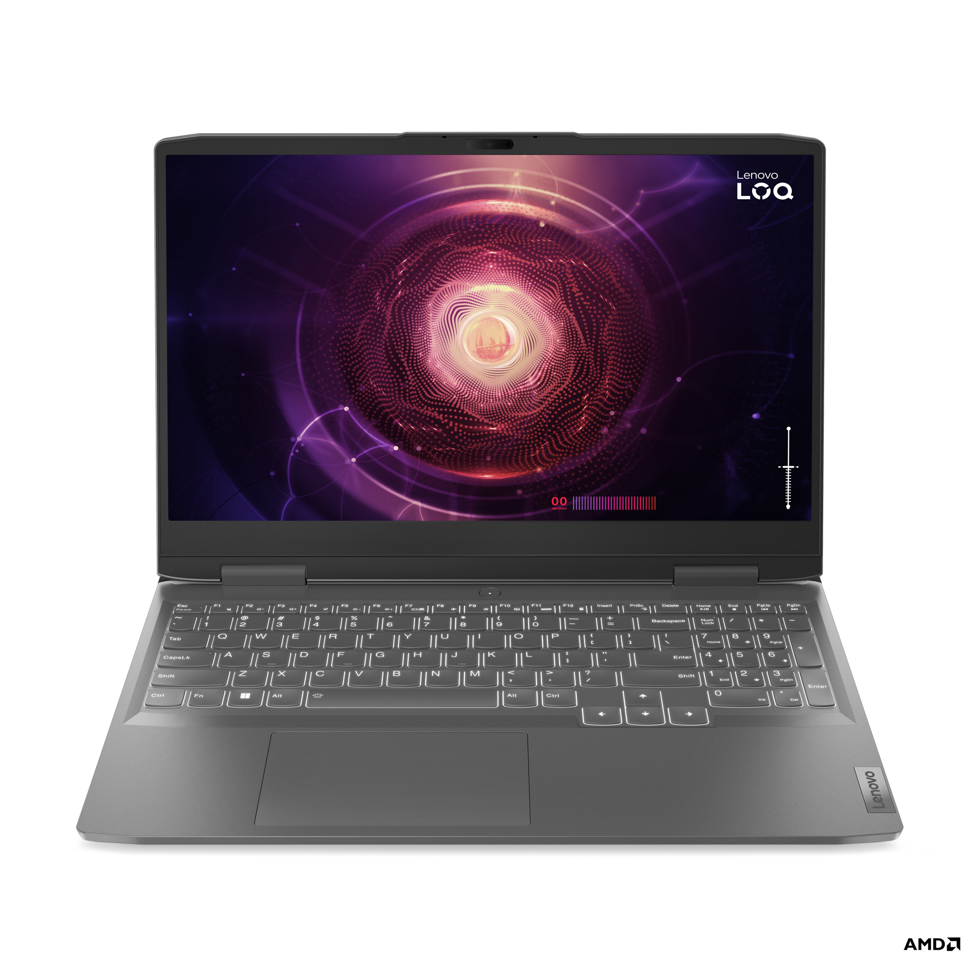 Gri bir Lenovo Loq dizüstü bilgisayar. Ekran, renkli, soyut bir grafik görüntüler.