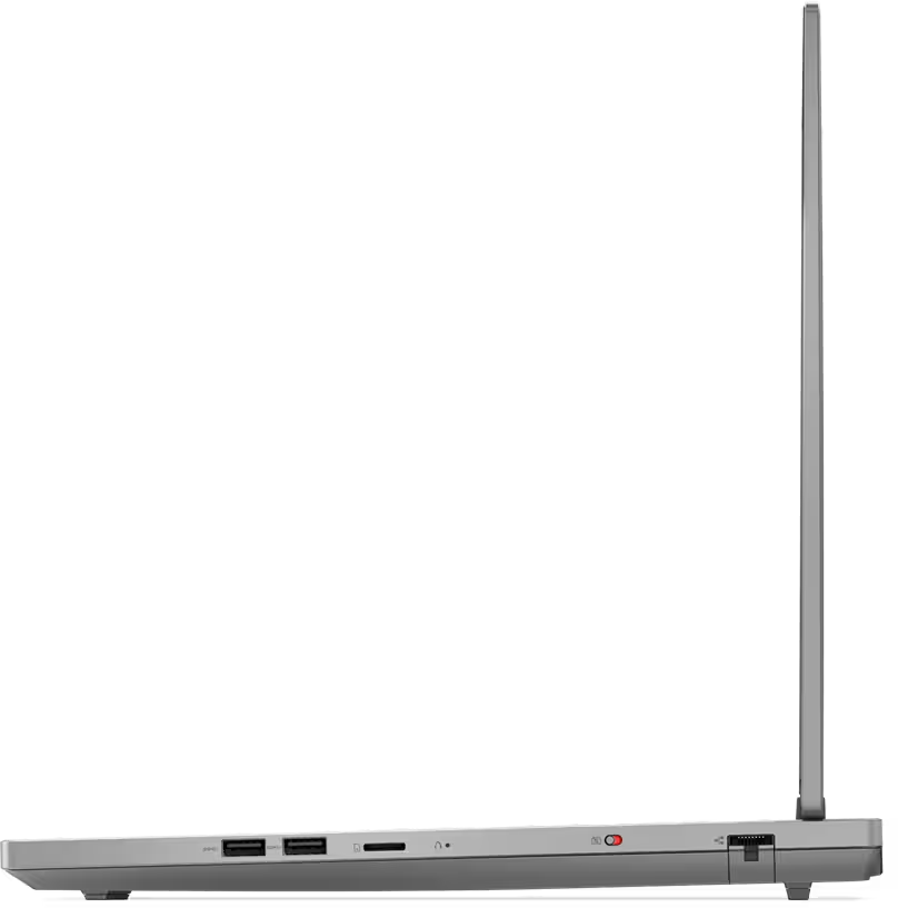 Seitenansicht eines Laptops. Silbernes Gehäuse, geöffneter Bildschirm. Anschlüsse und Details sichtbar.