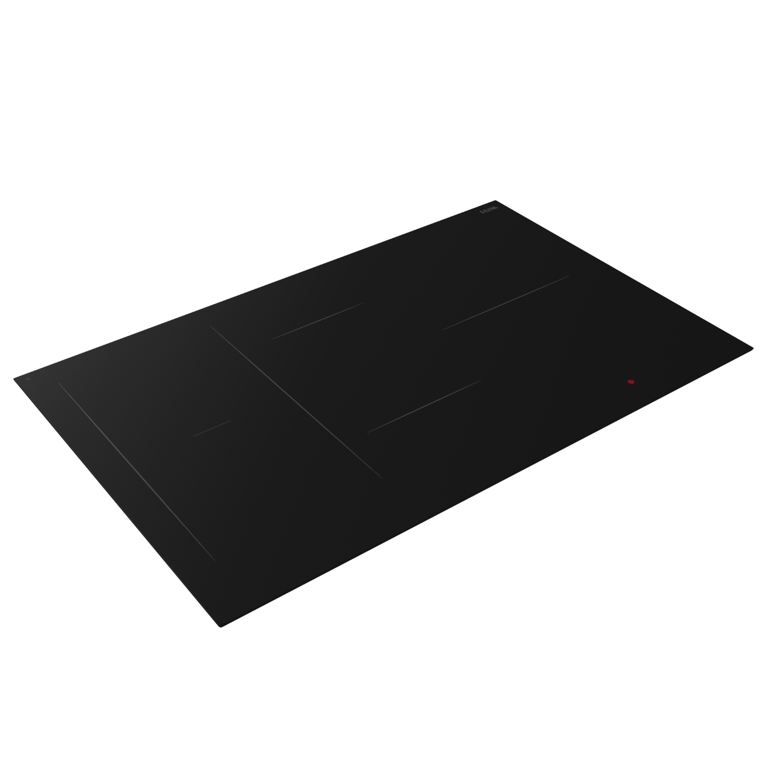 Black induction cooktop with four cooking zones on a white background.
