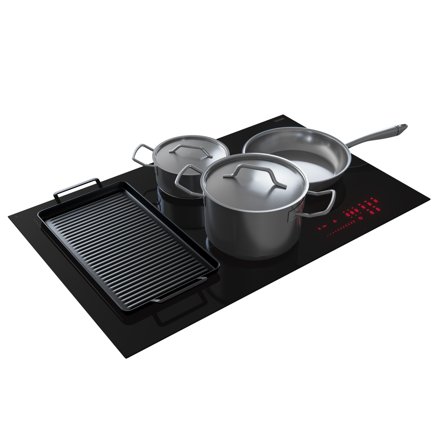 A black induction cooktop with three stainless steel pots and a grill pan. White background.