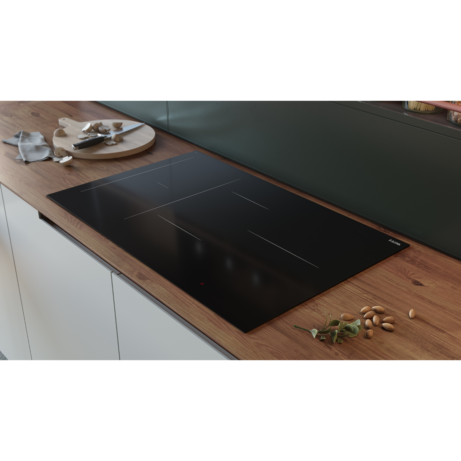 Black induction cooktop on wooden surface. Knives and food on the cutting board in the background.