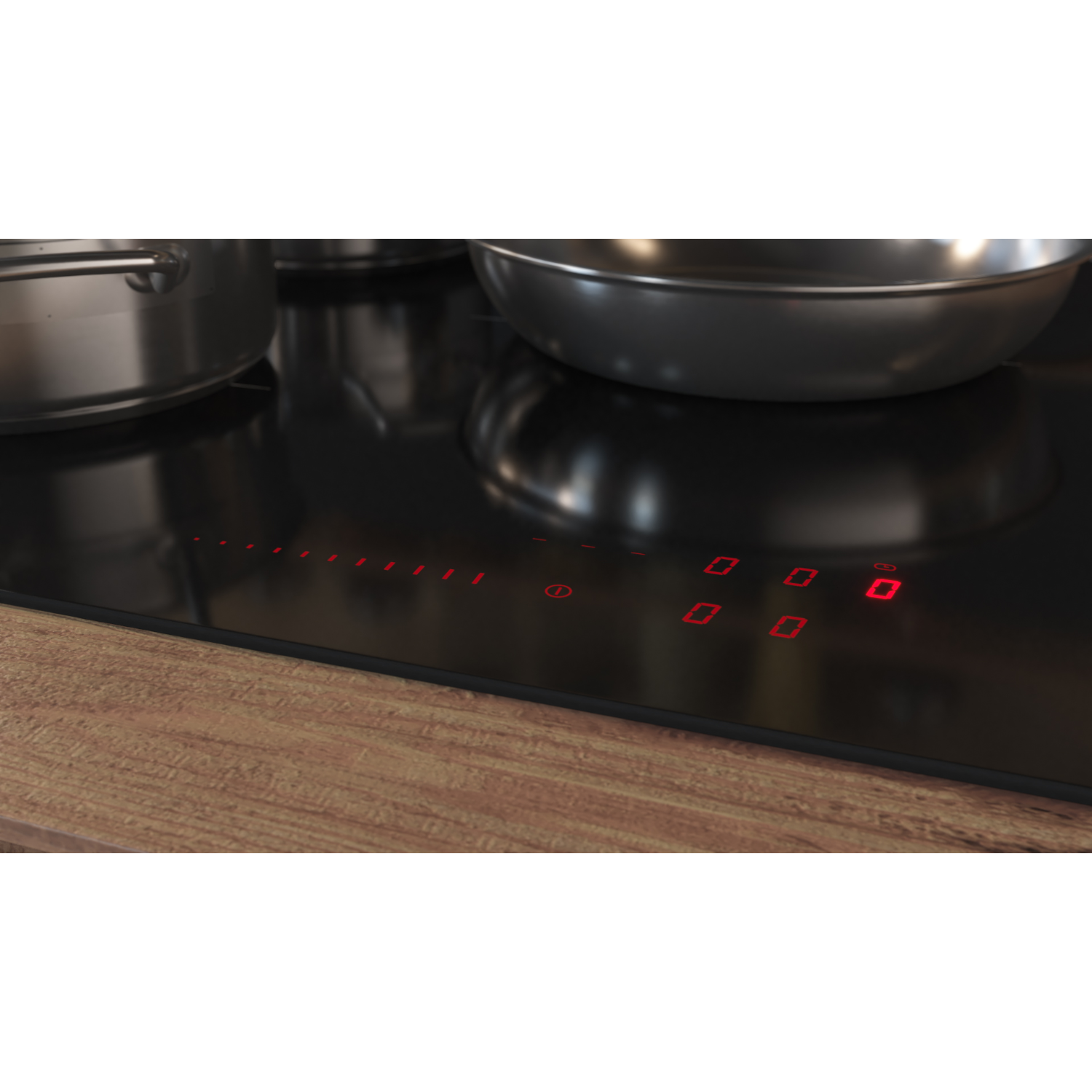 Black electric cooktop with illuminated red controls. Two pots are on top. Wooden countertop.
