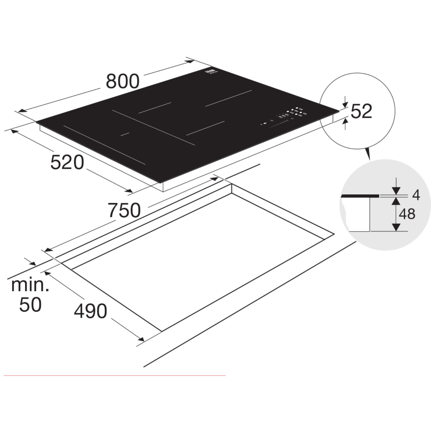 Black induction cooktop with measurements, diagram, on white background.