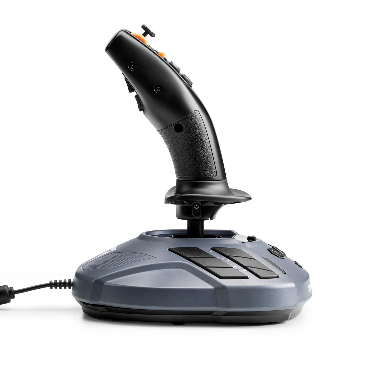 Black and grey joystick for gaming, with multiple buttons and a base.