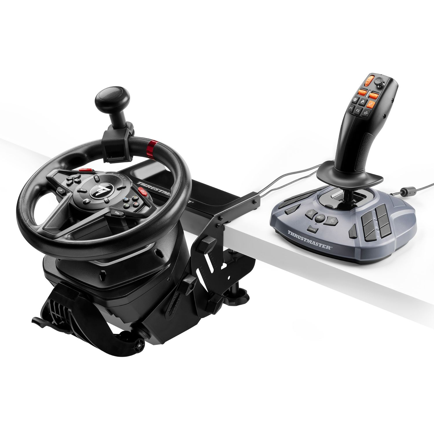 A gaming wheel and joystick setup on a white surface. Black and gray colors.