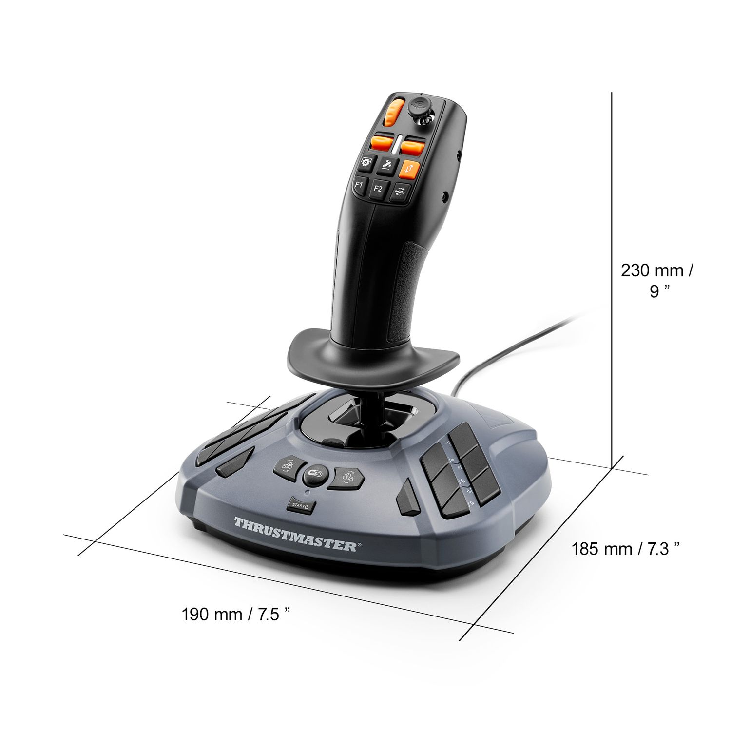 Joystick with dimensions in mm and inches, gray and black with orange accents.