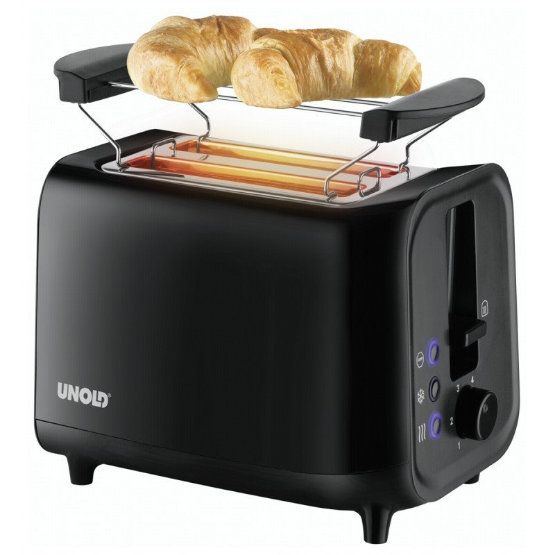 Fekete kenyérpirító két croissant-nal a tetején. Vezérlőpult a jobb oldalon.