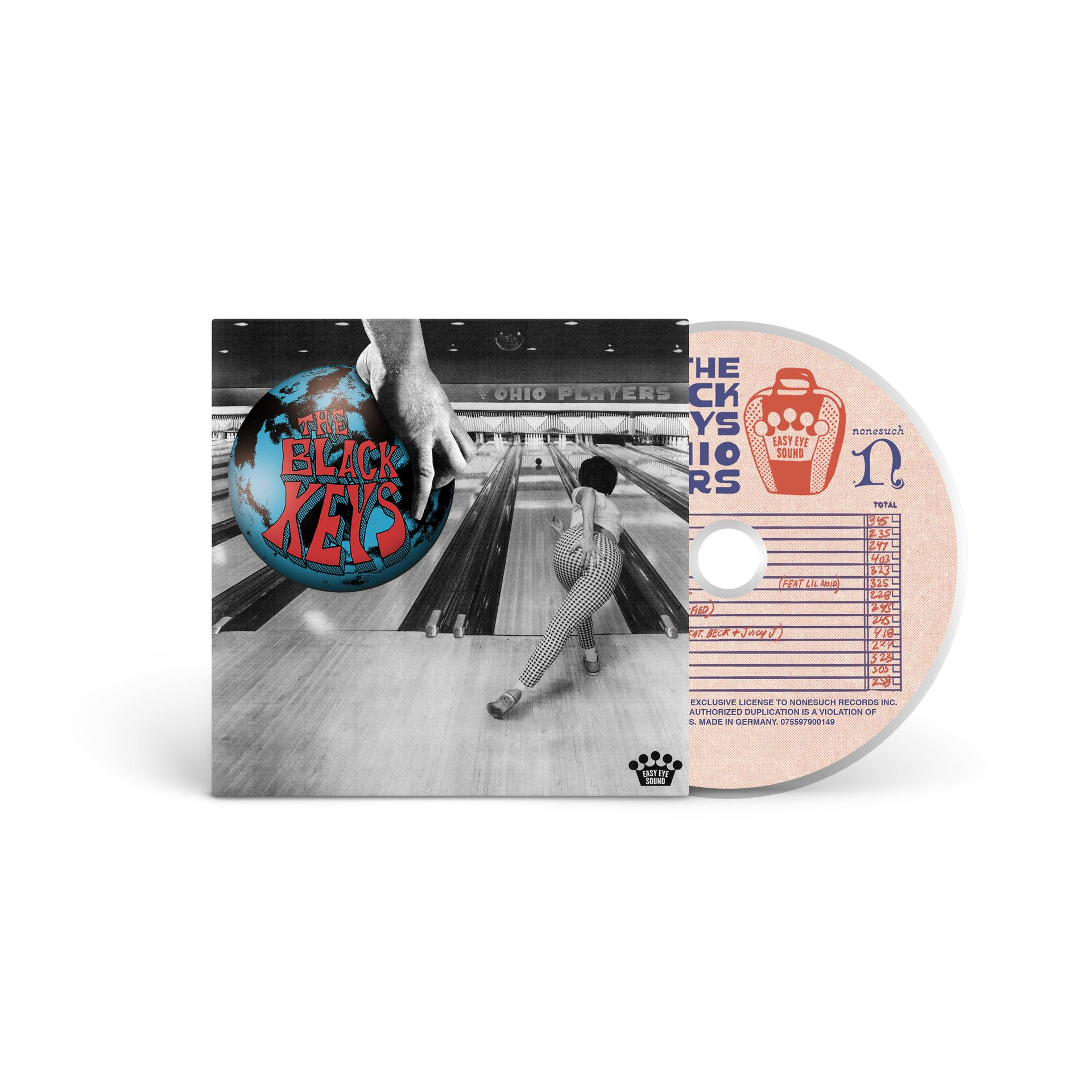 Ein CD-Cover mit einer Bowlingbahn-Szene und einer Hand, die einen Globus hält. Die CD ist rechts.