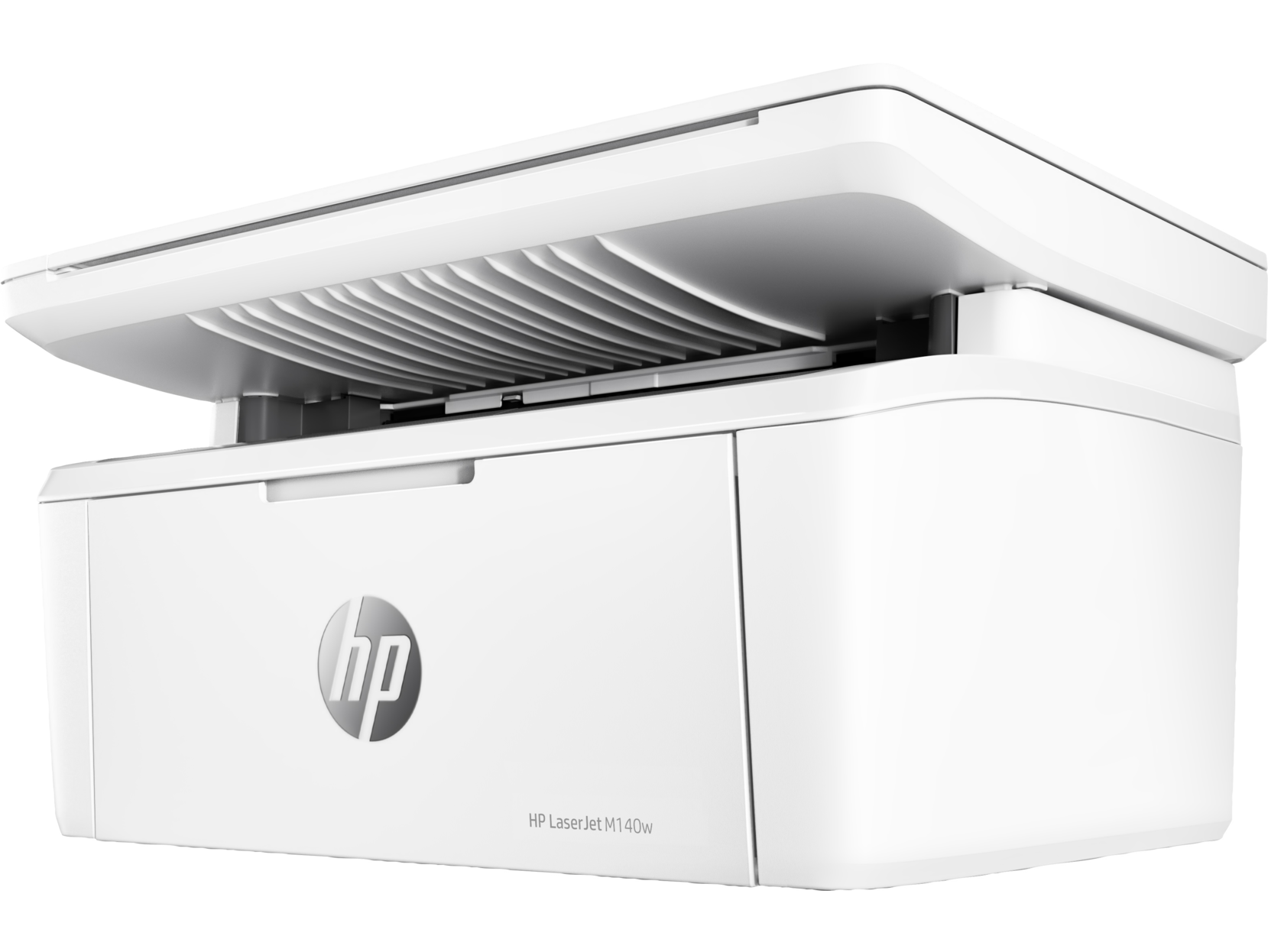 Impresora HP LaserJet M140w blanca con tapa abierta y bandeja de papel visible.
