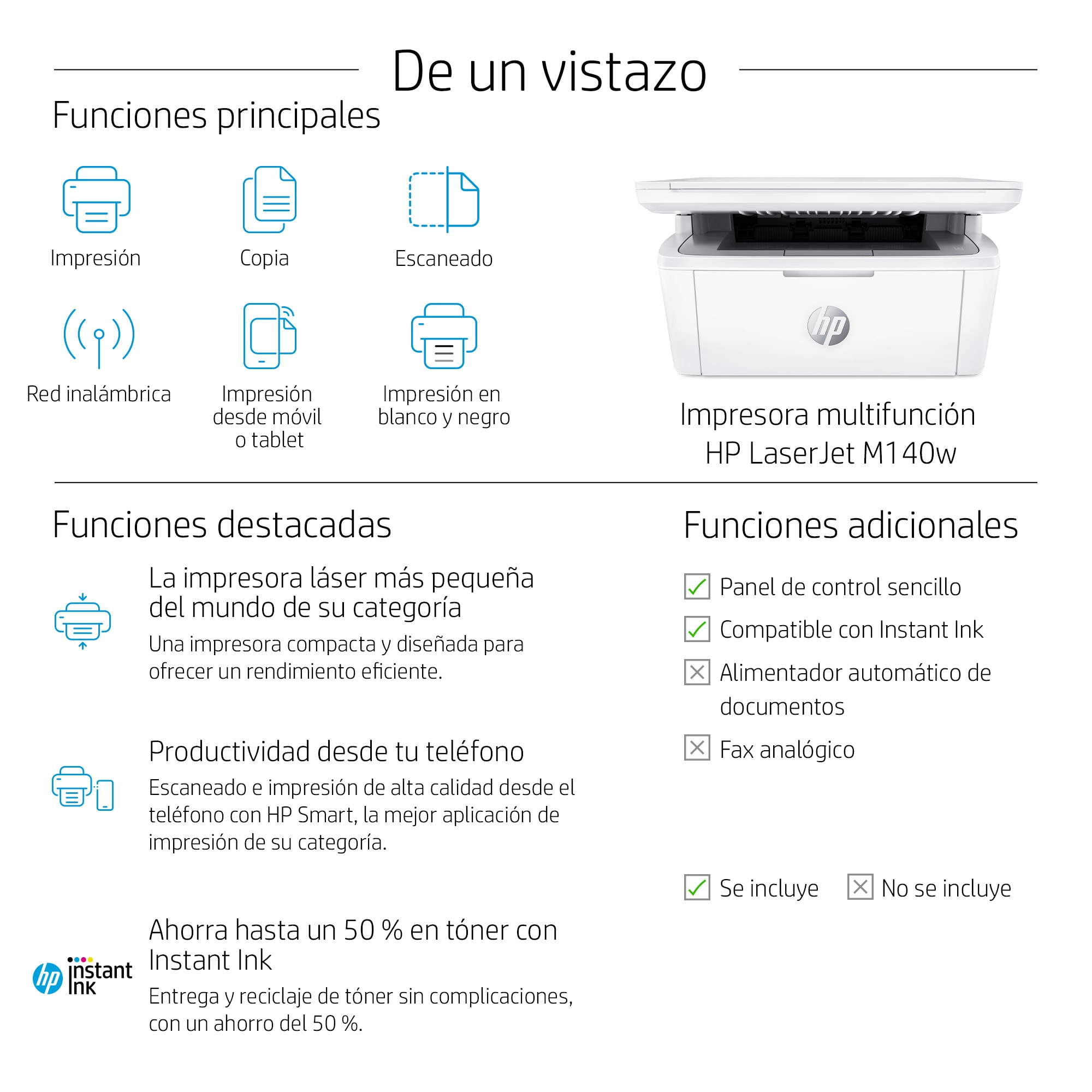 Un gráfico informativo español sobre una impresora HP LaserJet, que muestra características y funciones.