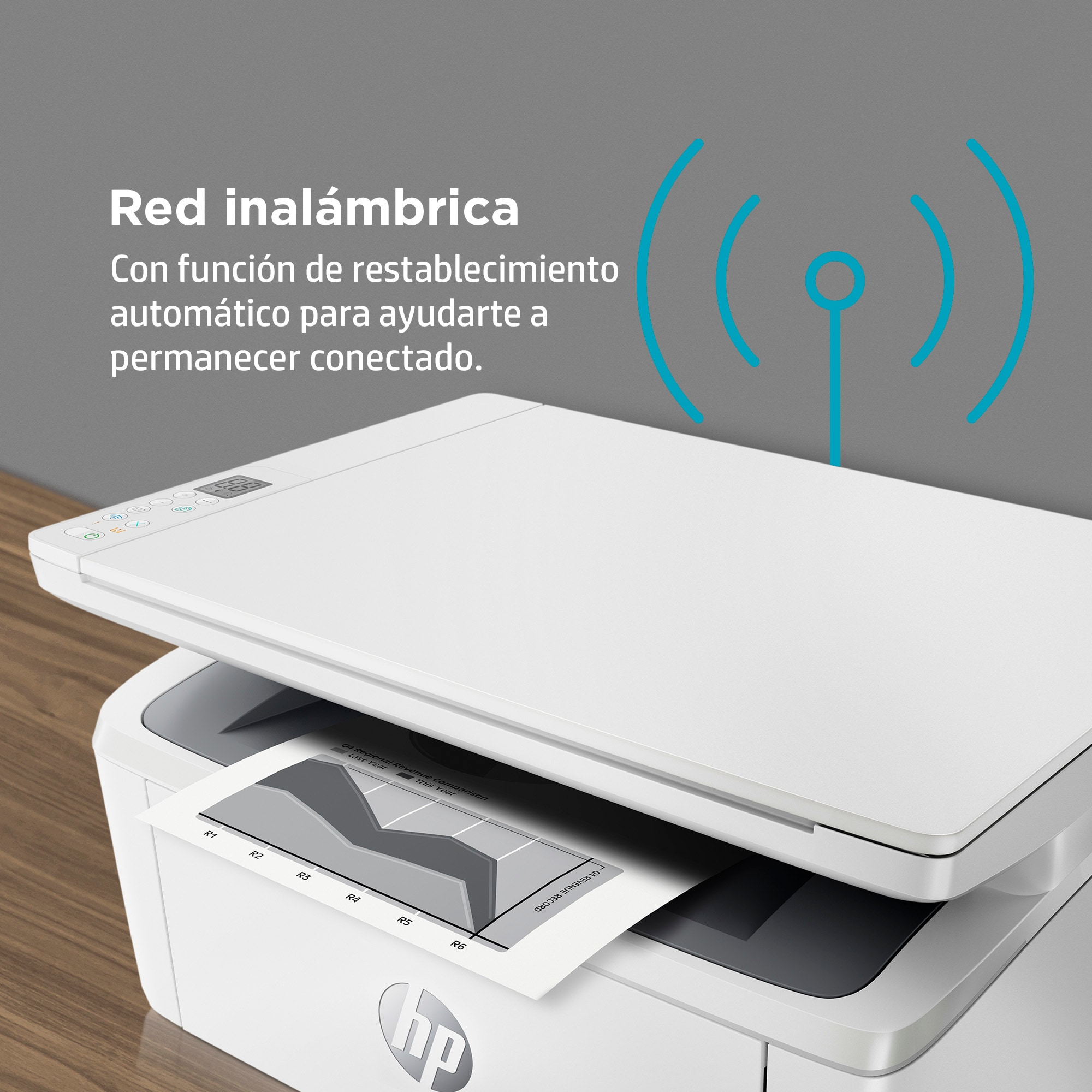 Impresora blanca con papel que muestra un gráfico e icono de señal inalámbrica azul.