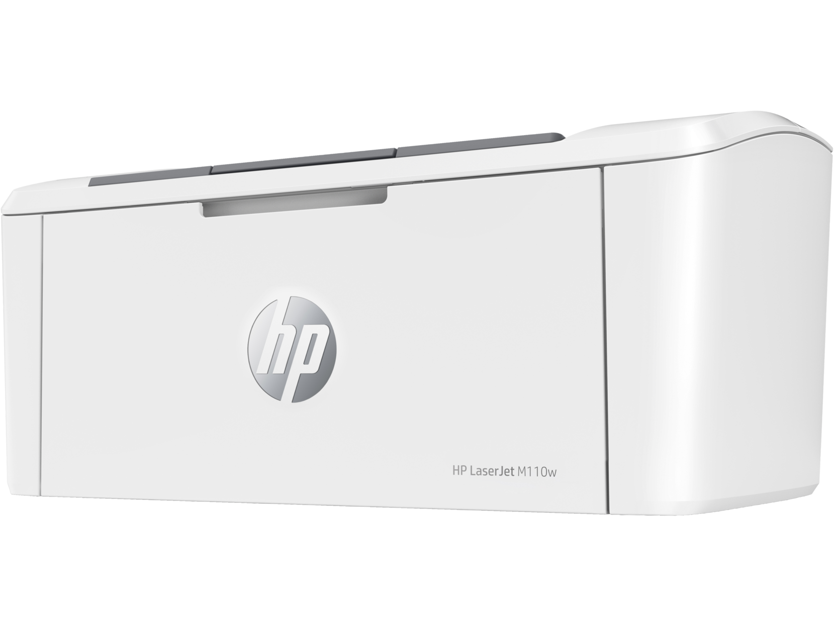 Impresora HP LaserJet M110w blanca sobre fondo negro.